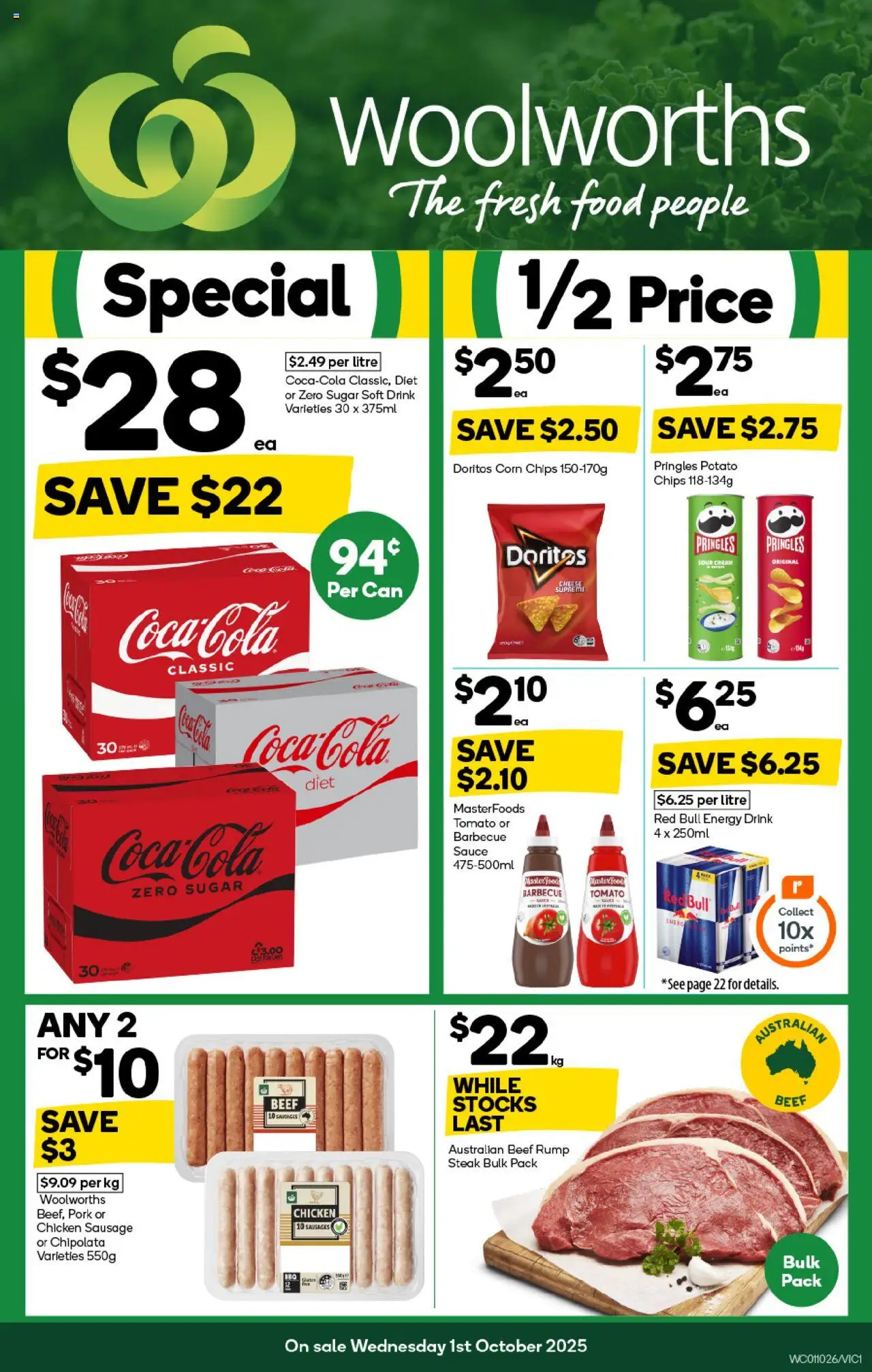 Woolworths catalogue valid from 01/10/2025 - page 1 - Corn, Pork, Sour cream, Steak, Sugar, Tomato, Sausages, Rump steak
