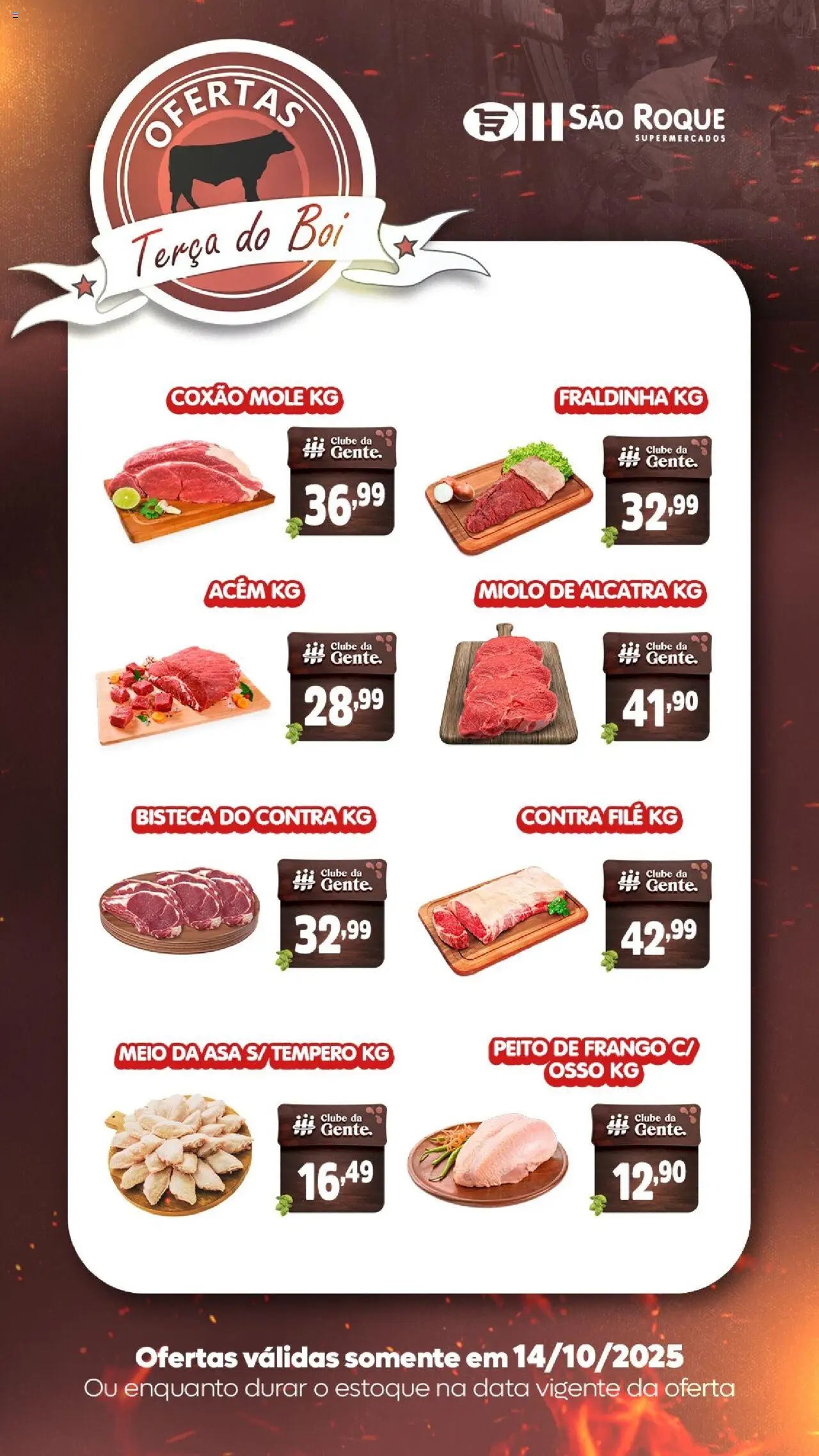São Roque Supermercados folheto "Ofertas da semana" válido a partir de 14/10/2025 - número de página 1 - Frango, Peito de frango, Fraldinha, Alcatra, Contra filé, Acém, Coxão mole