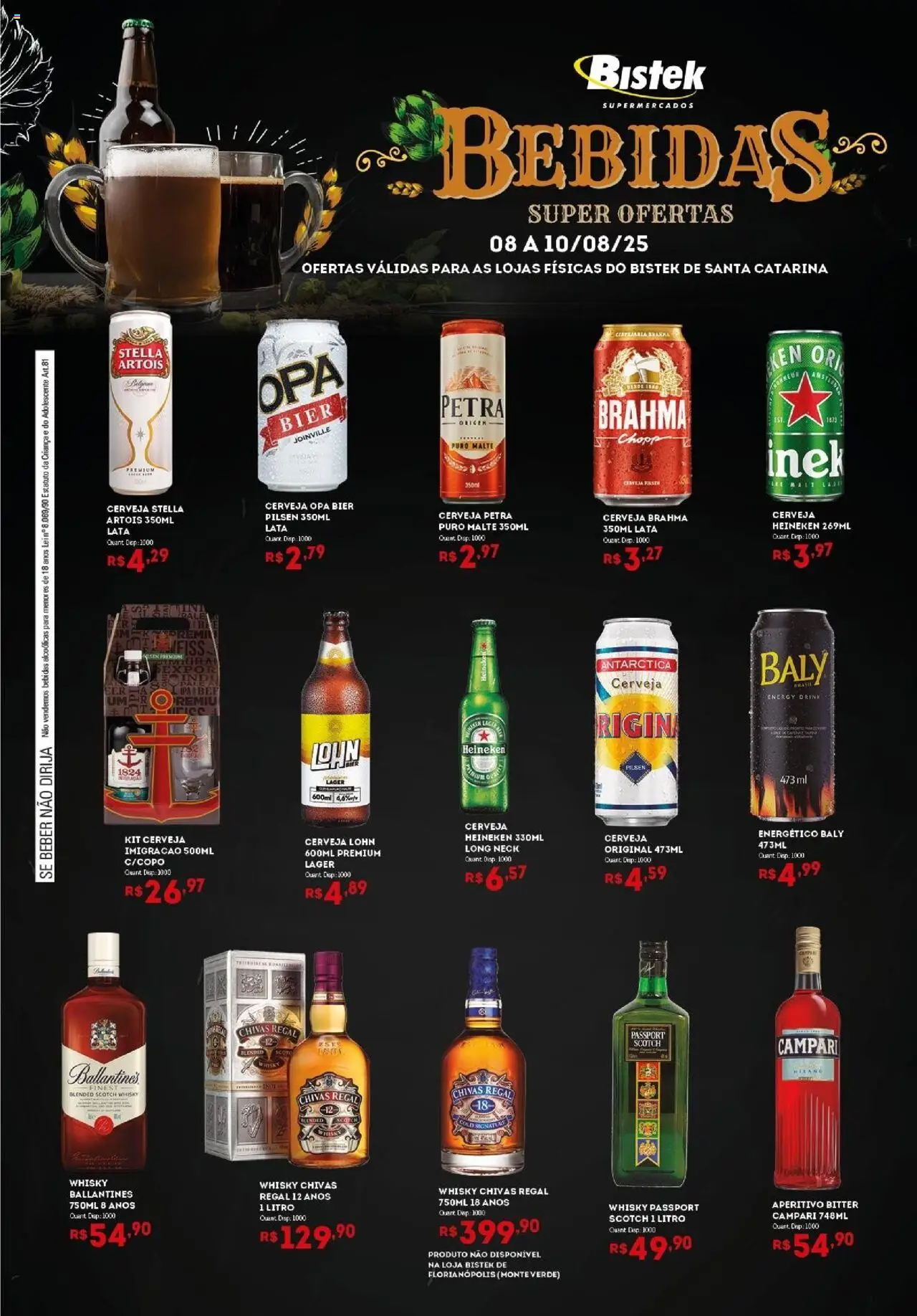 Bistek Supermercados folheto "Ofertas Bebidas" válido a partir de 08/08/2025 - número de página 1 - Whisky, Heineken, Cerveja, Campari, Bebidas, Cerveja Heineken, Energético, Ballantine’s