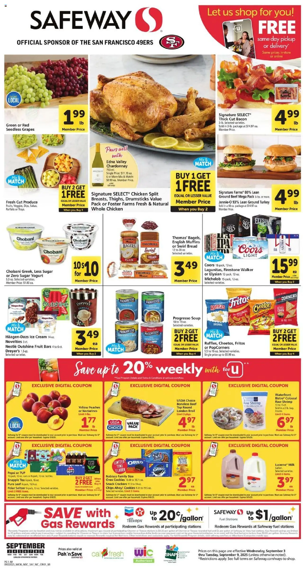 Safeway Weekly Ad from 09/03/2025 - Flyer - Page number 1 - Ice cream, Ice, Chips, Bread, Beef, Cream, Drumsticks, Whole chicken