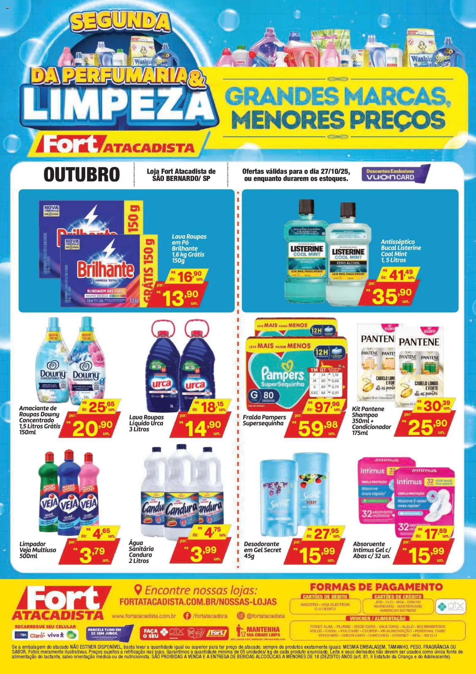 Pré-Visualização do folheto "Ofertas Segunda da Limpeza e Perfumaria" da loja Fort Atacadista válido a partir de 26/10/2025 - Celular, Água, Absorvente, Álcool, Amaciante, Condicionador, Listerine, Fragrância