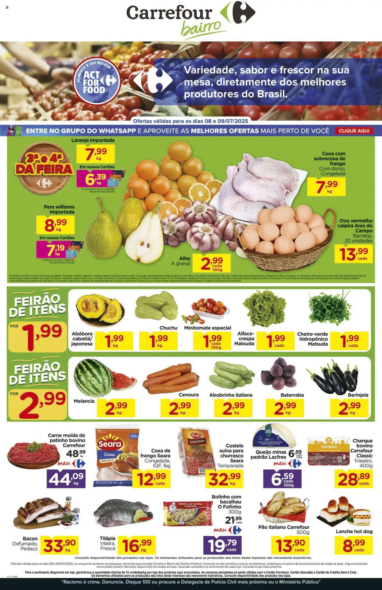 Carrefour Bairro folheto "Ofertas Feira" válido a partir de 08/07/2025 - número de página 1 - Chuchu, Abóbora, Berinjela, Bacalhau, Queijo, Pão, Tilápia, Carne moída