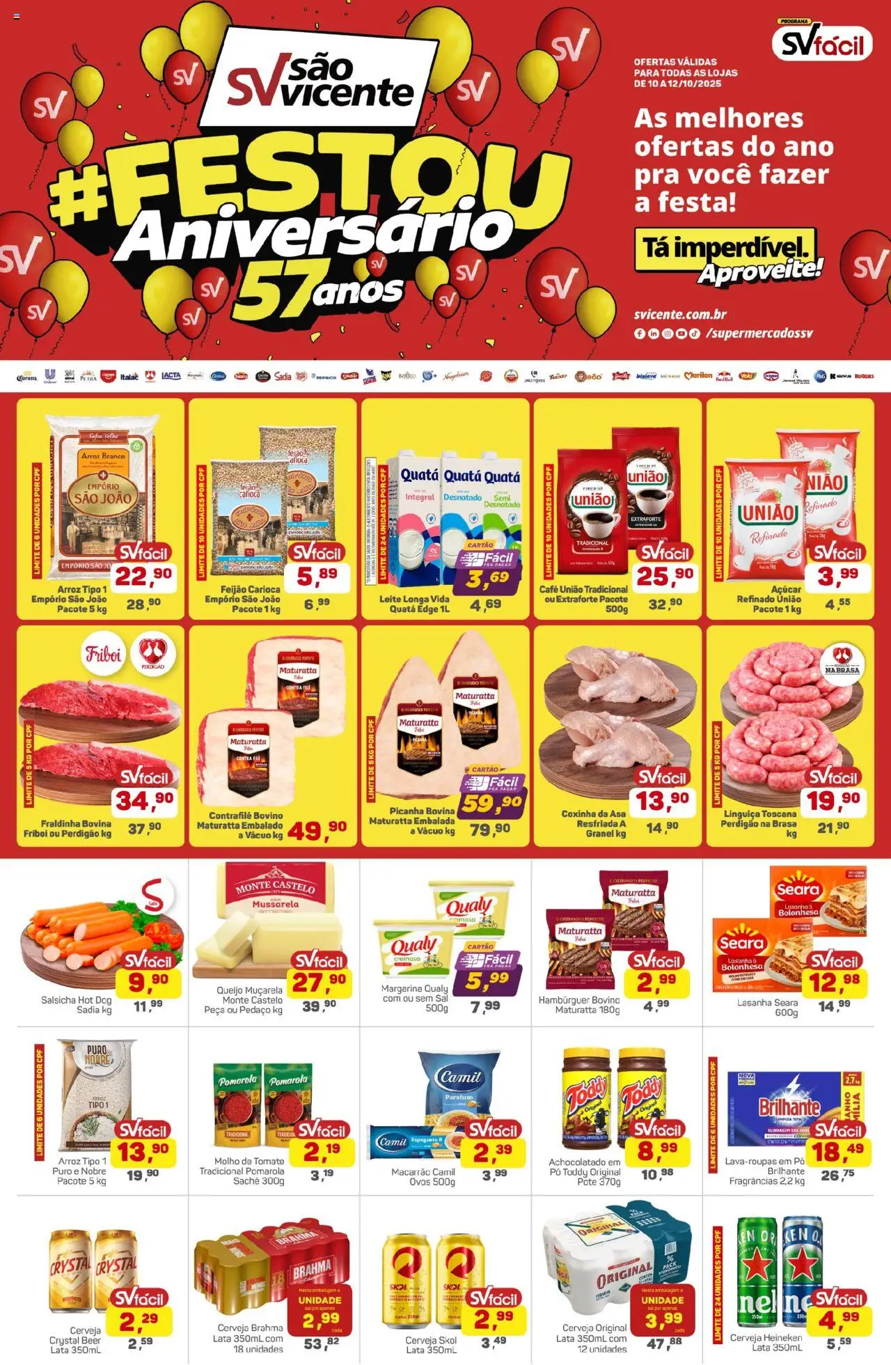 Supermercados São Vicente folheto "Ofertas da semana" válido a partir de 10/10/2025 - número de página 1 - Cerveja, Macarrão, Salsicha, Queijo, Mussarela, Tomate, Açúcar, Pó