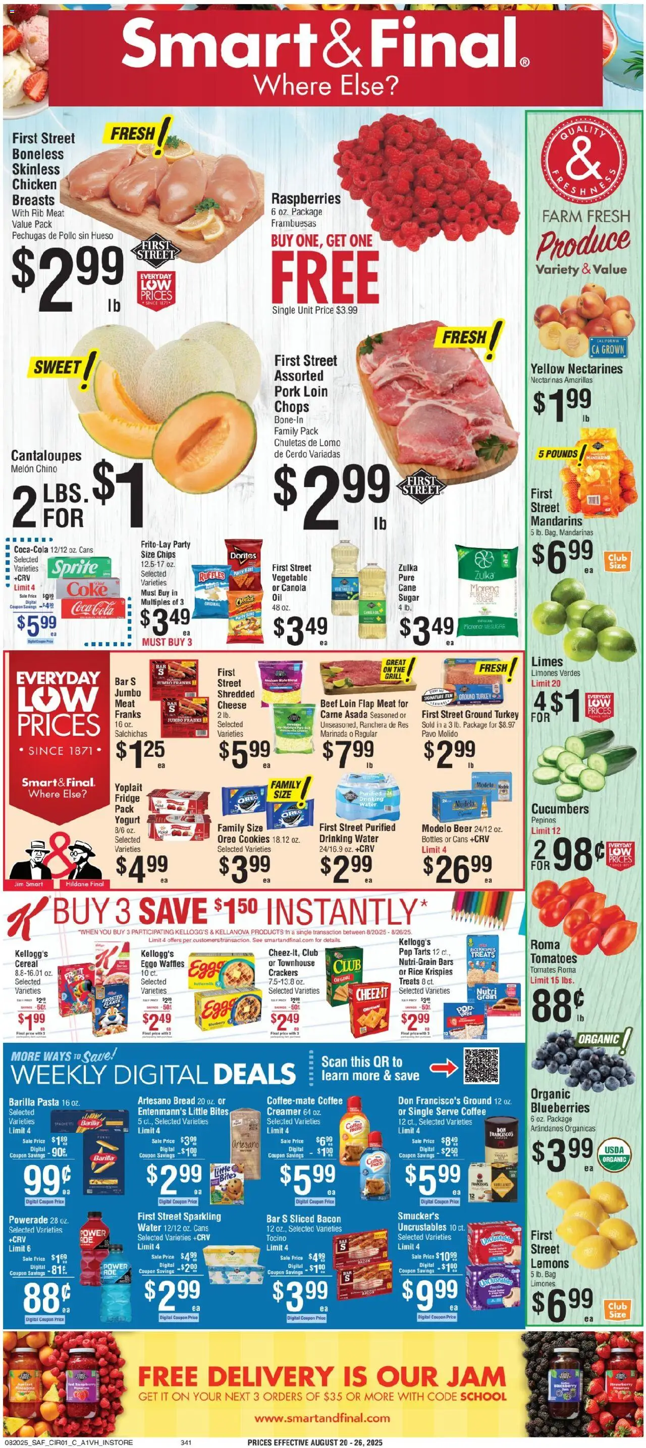 Smart & Final Weekly Ad 2 from 08/20/2025 - Flyer - Page number 1 - Pasta, Yogurt, Lemons, Cantaloupes, Oreo, Sugar, Mandarins, Chicken
