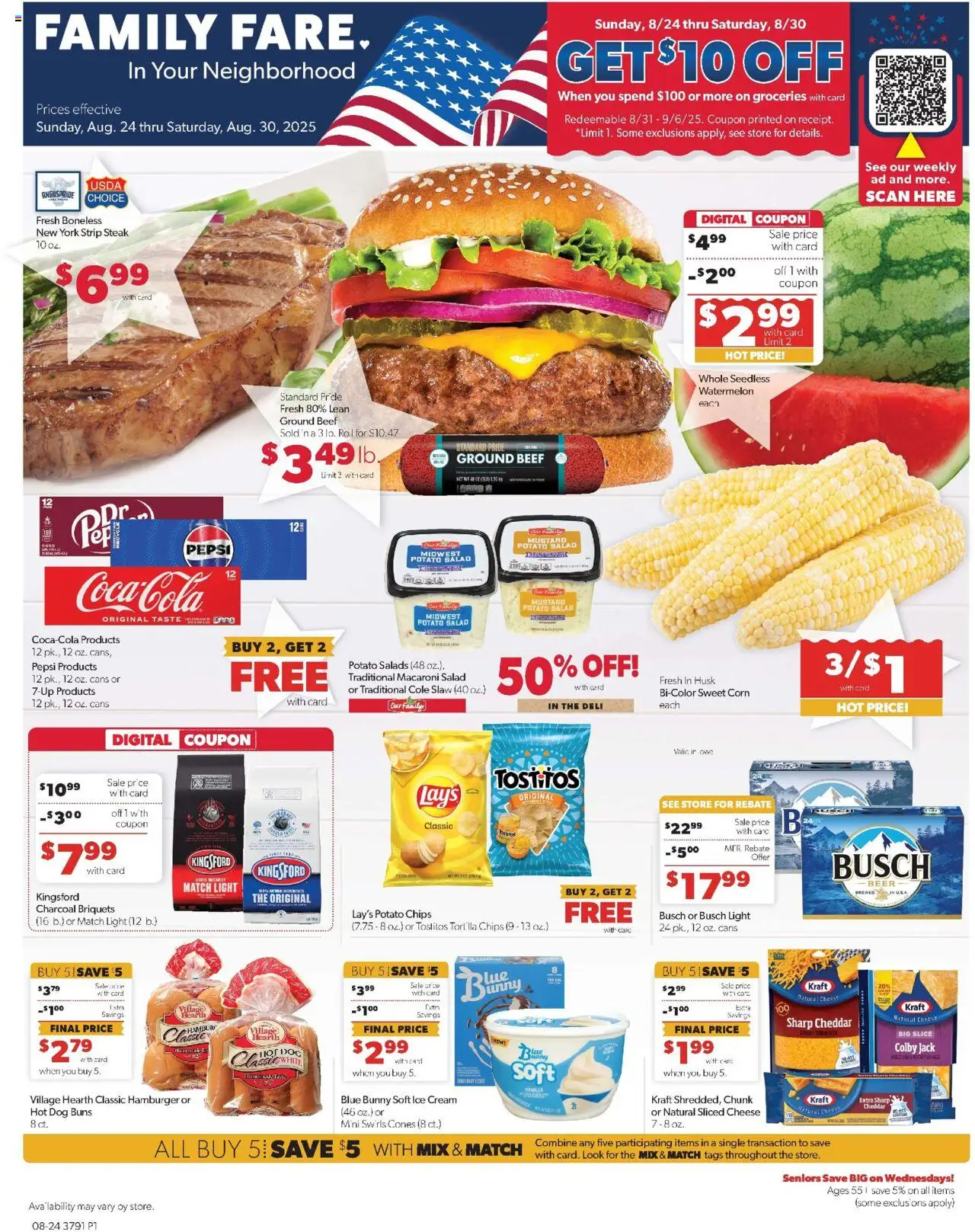 Family Fare Weekly Ad - IA from 08/24/2025 - Flyer - Page number 1 - Beer, Ice, Watermelon, Corn, Cream, Mustard, Potato chips, Sliced cheese