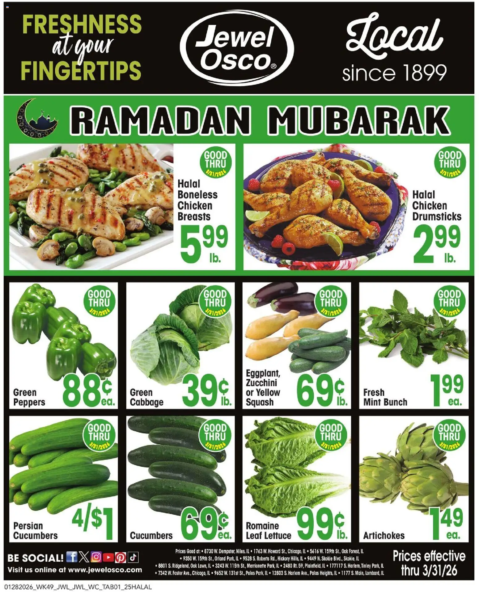 Ad Preview of Jewel Osco Local Ad from 01/28/2026 - Zucchini, Squash, Cucumbers, Lettuce, Cabbage, Chicken breasts, Romaine, Chicken