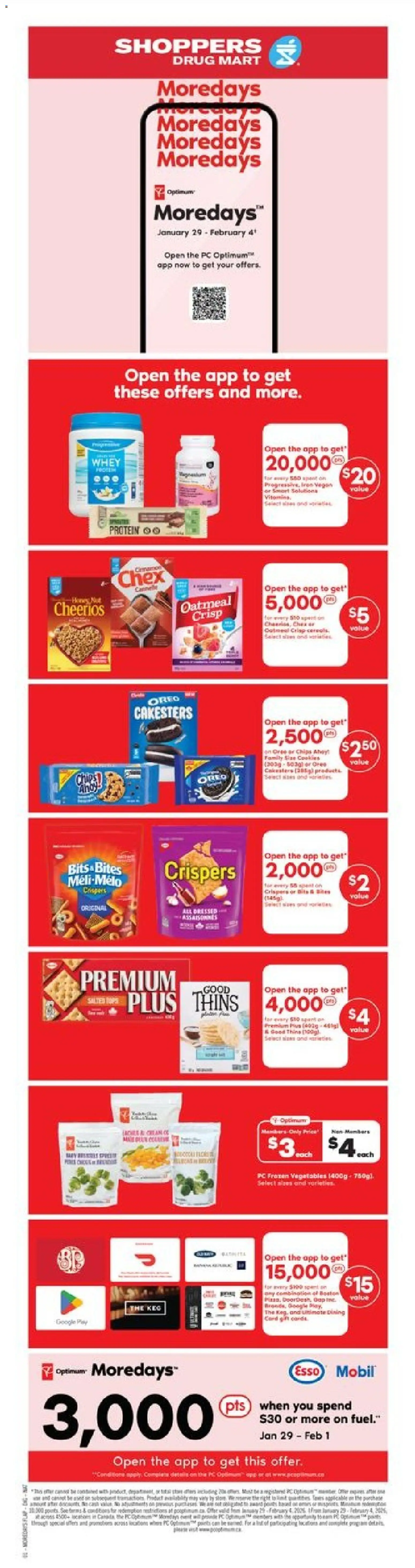 Preview of leaflet Flyer / circulaire from shop Shoppers is valid from Jan 29, 2026 - Cookies, PC, Chips, Vegetables, Protein, Oatmeal, Frozen vegetables