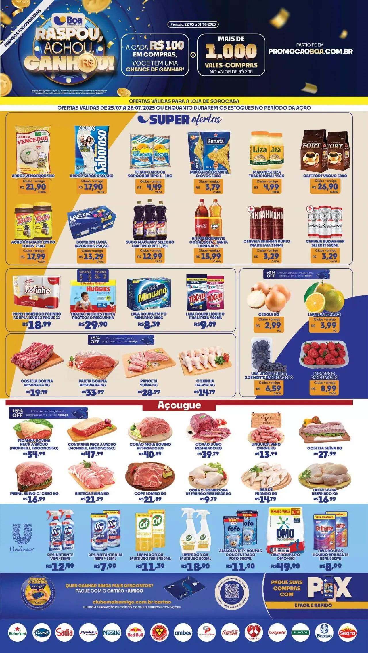 Boa Supermercados folheto "Ofertas da semana" válido a partir de 25/07/2025 - número de página 1 - Pera, Coxão mole, Coxão duro, Linguiça, Costela bovina, Carne, Bandeja, Fraldas