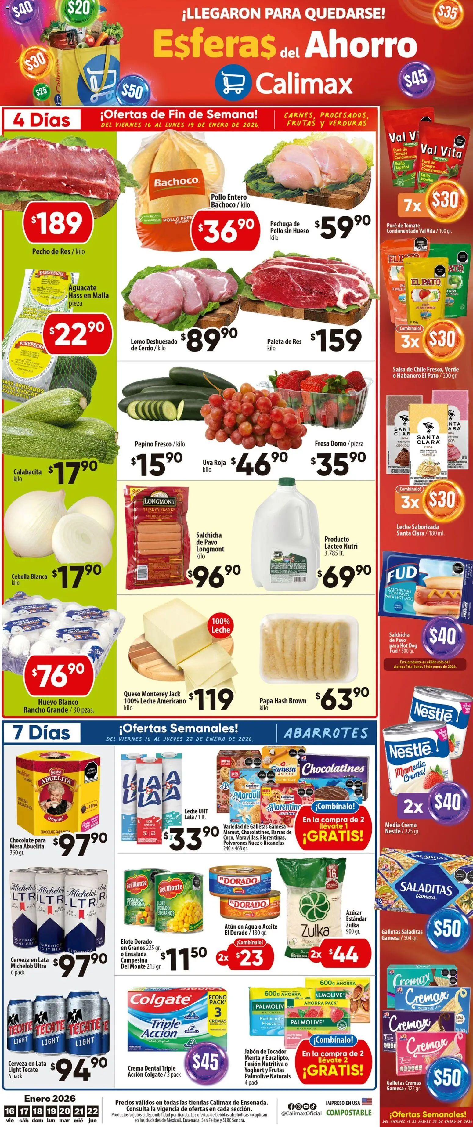 Vista previa las ofertas de la tienda Calimax - Folleto Ensenada desde el 16/01/2026 - Pollo, Fresa, Azúcar, Aguacate, Vainilla, Nuez, Salchicha, Puré