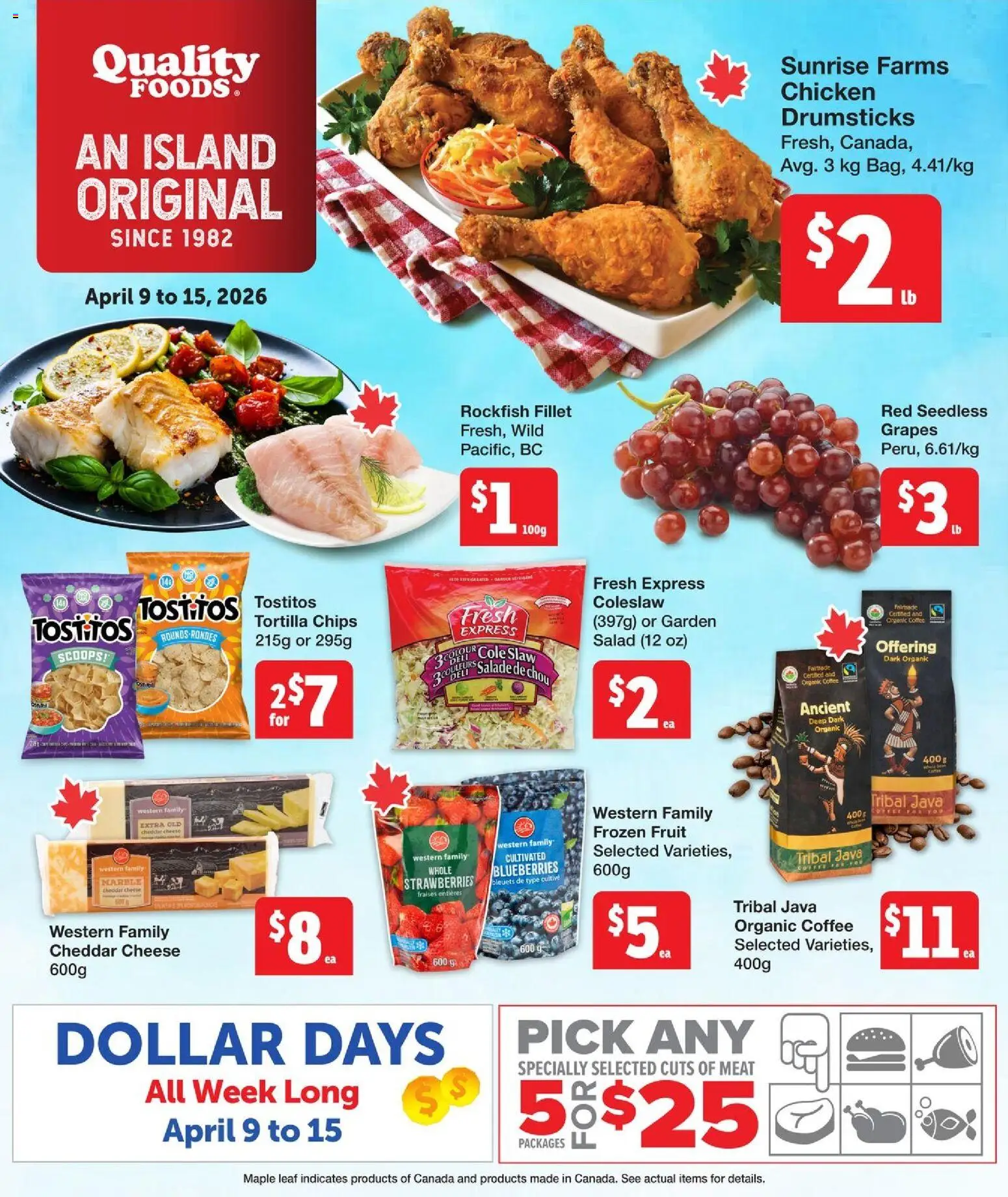 Preview of leaflet Quality Foods weekly flyer / circulaire from shop Quality Foods is valid from Apr 09, 2026 - Chicken, Meat, Chips, Blueberries, Grapes, Drumsticks, Fillet, Frozen fruit