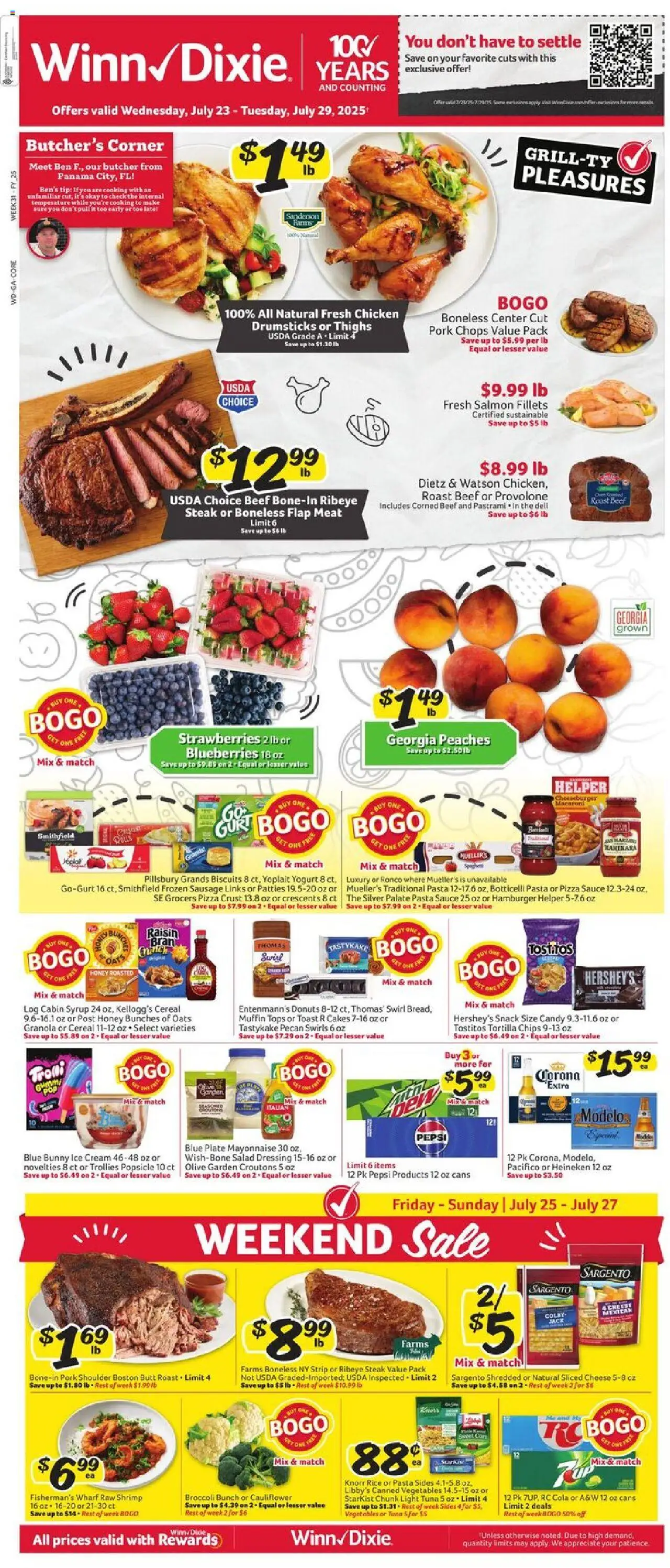 Winn Dixie Weekly Ad from 07/23/2025 - Flyer - Page number 1 - Ice, Shrimp, Yogurt, Beef, Cream, Cauliflower, Heineken, Sauce