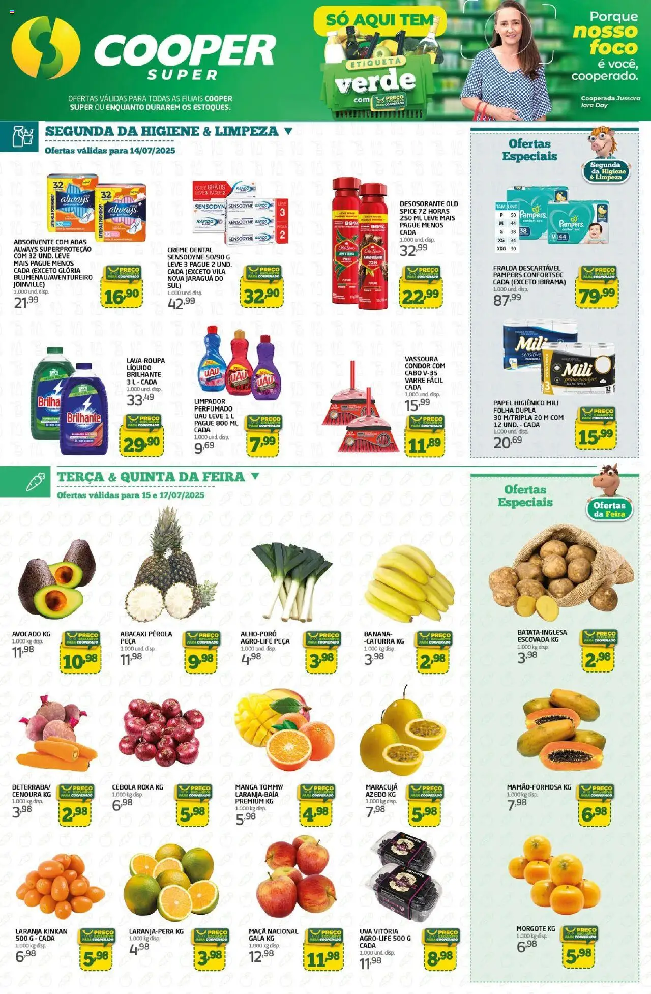Cooper folheto "Ofertas da semana" válido a partir de 14/07/2025 - número de página 1 - Pampers, Cebola, Uva, Manga, Absorvente, Papel higiênico, Cabo, Vassoura