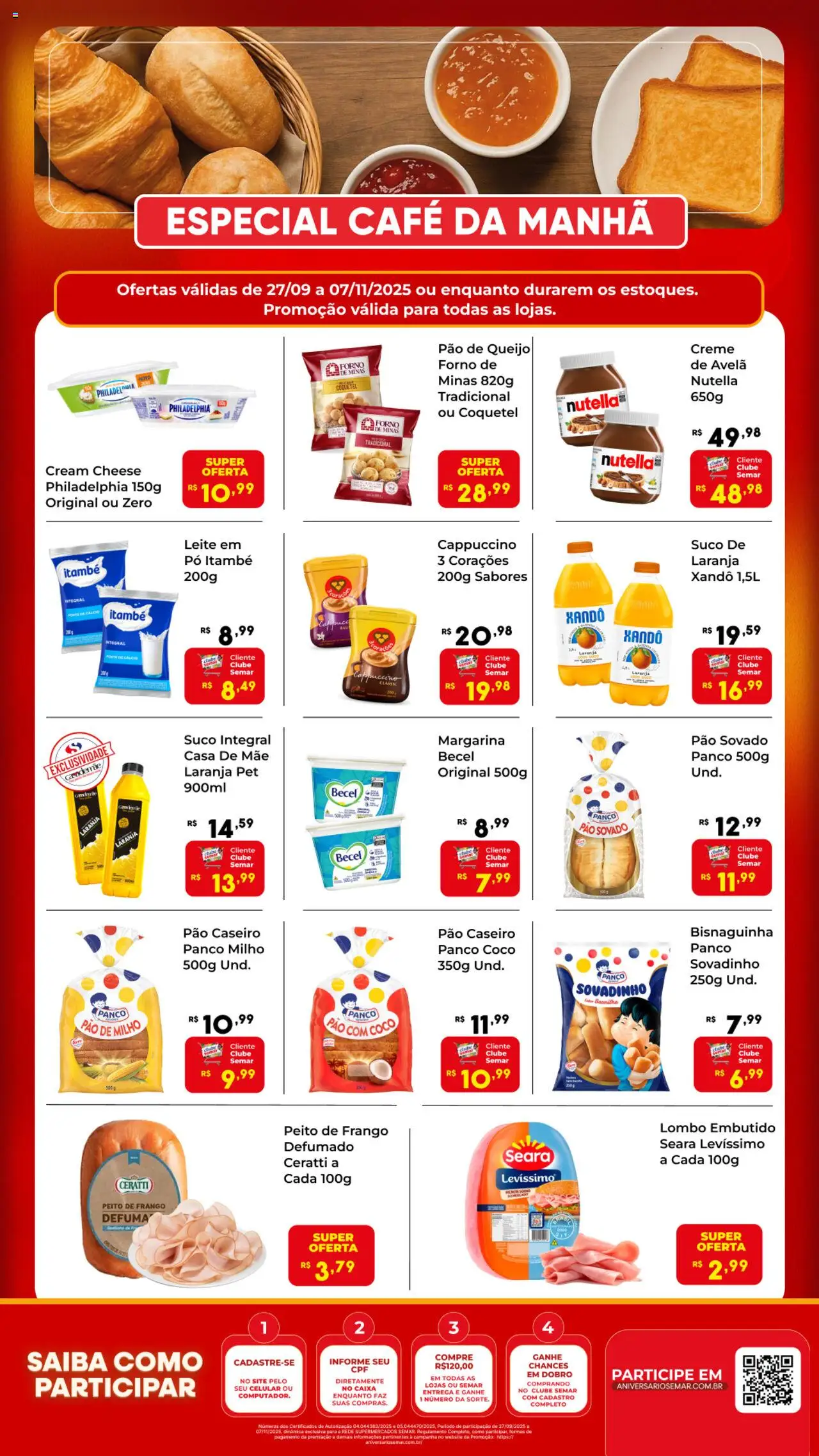 Semar Supermercado folheto "Ofertas Especial Café da Manhã" válido a partir de 27/09/2025 - número de página 1 - Caixa, Celular, Café, Coco, Pão de queijo, Peito de frango, Pó, Lombo