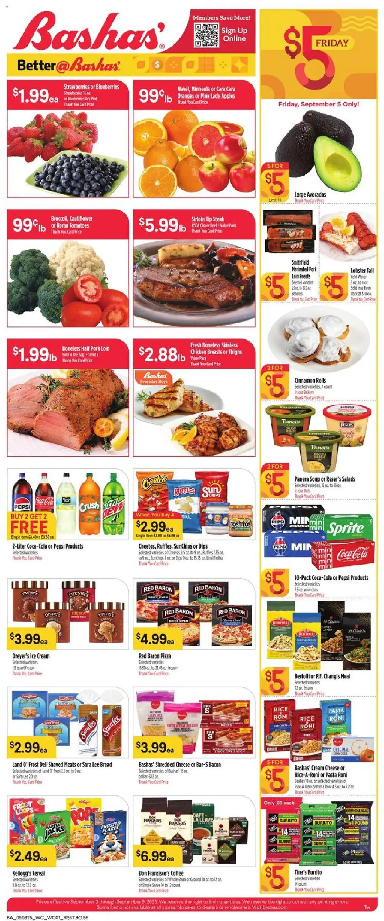 Basha's Weekly Ad from 09/03/2025 - Flyer - Page number 1 - Apples, Ice cream, Pasta, Strawberries, Rice, Cream cheese, Cauliflower, Pork loin