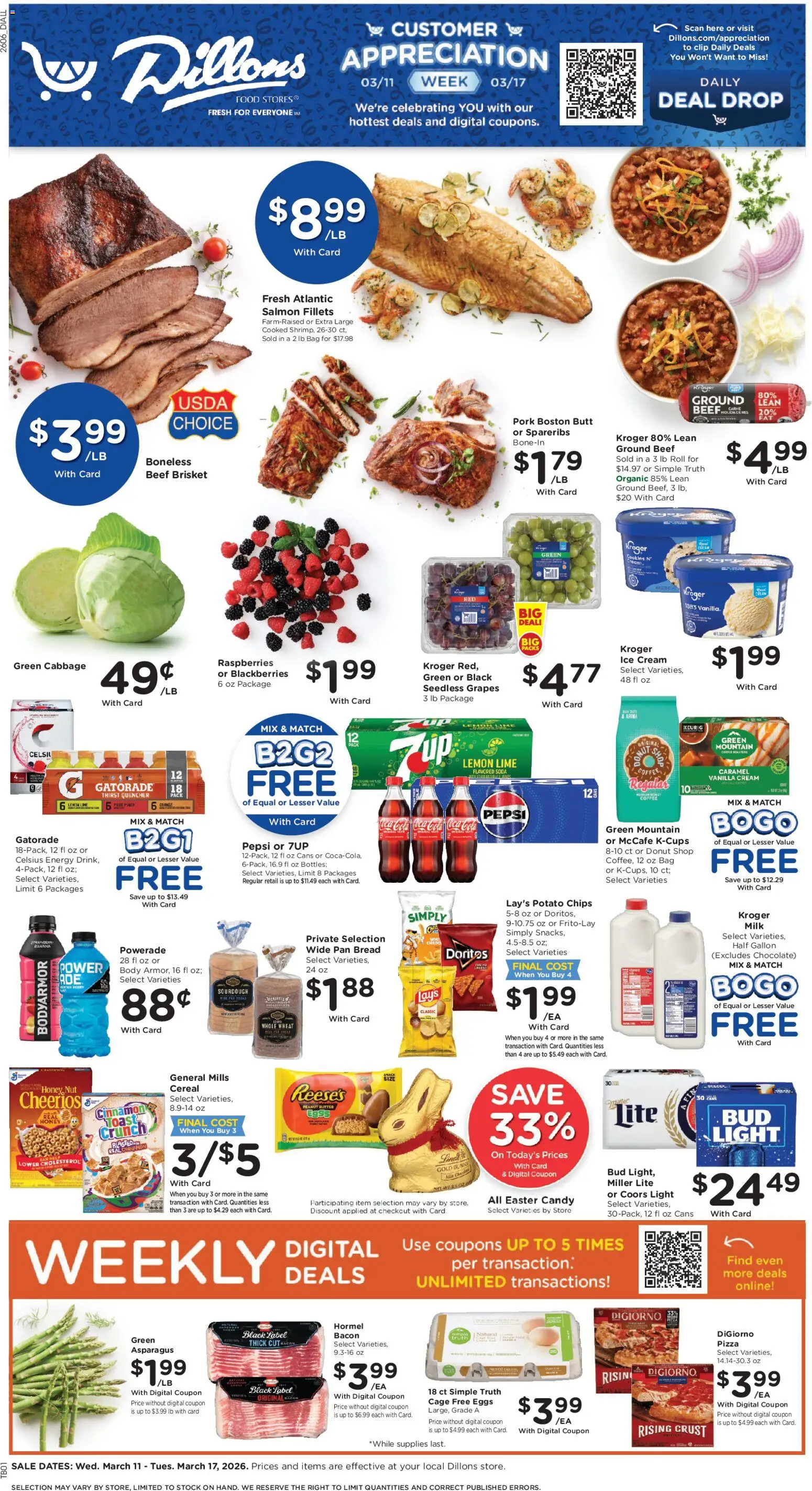 Ad Preview of Dillons Dillons Weekly Ad - KS from 03/11/2026 - Eggs, Milk, Pepsi, Cabbage, Lime, Ground beef, Clip, Potato chips