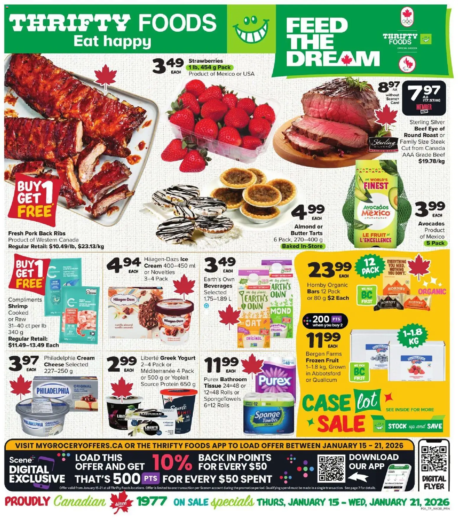 Preview of leaflet Weekly flyer / circulaire from shop Thrifty Foods is valid from Jan 15, 2026 - Ice cream, Ice, Yogurt, Butter, Greek yogurt, Roast, Towels, Frozen fruit