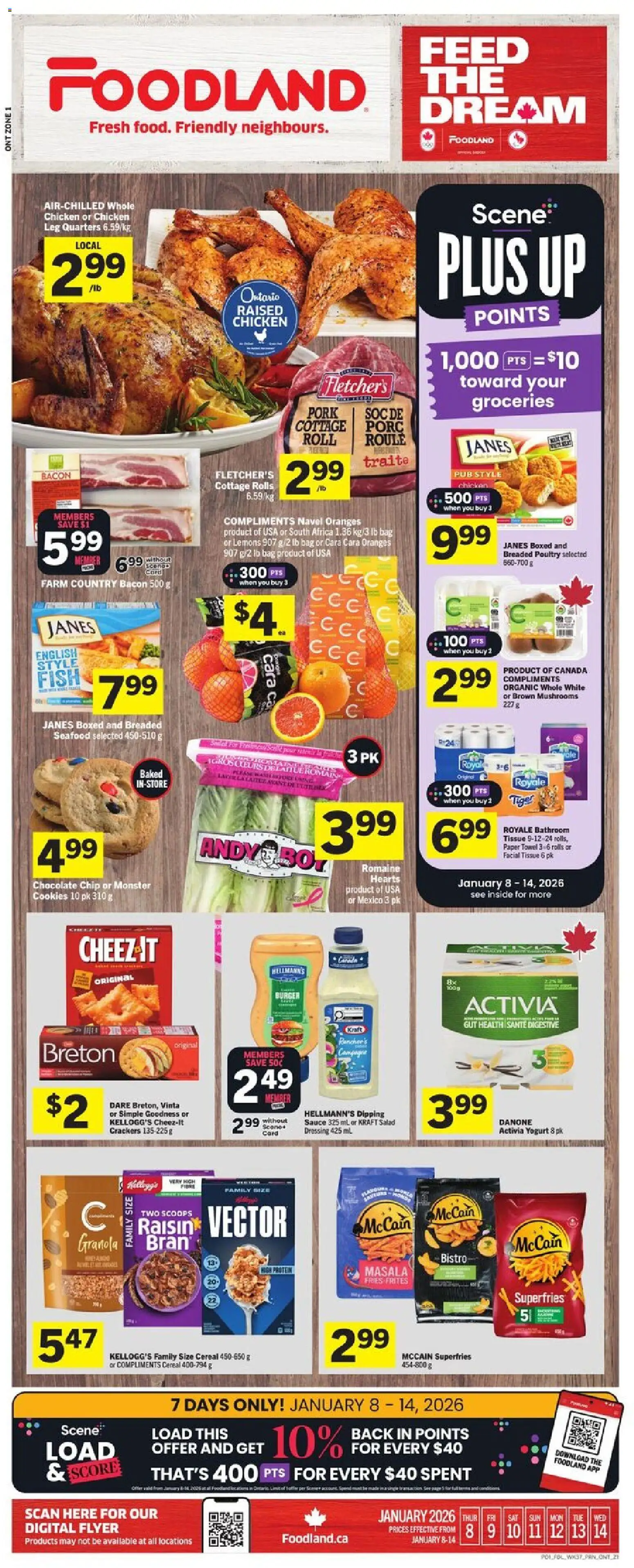 Preview of leaflet Weekly flyer / circulaire from shop Foodland is valid from Jan 08, 2026 - Chicken, Fish, Salad, Dressing, Yogurt, Bag, Bacon, Crackers