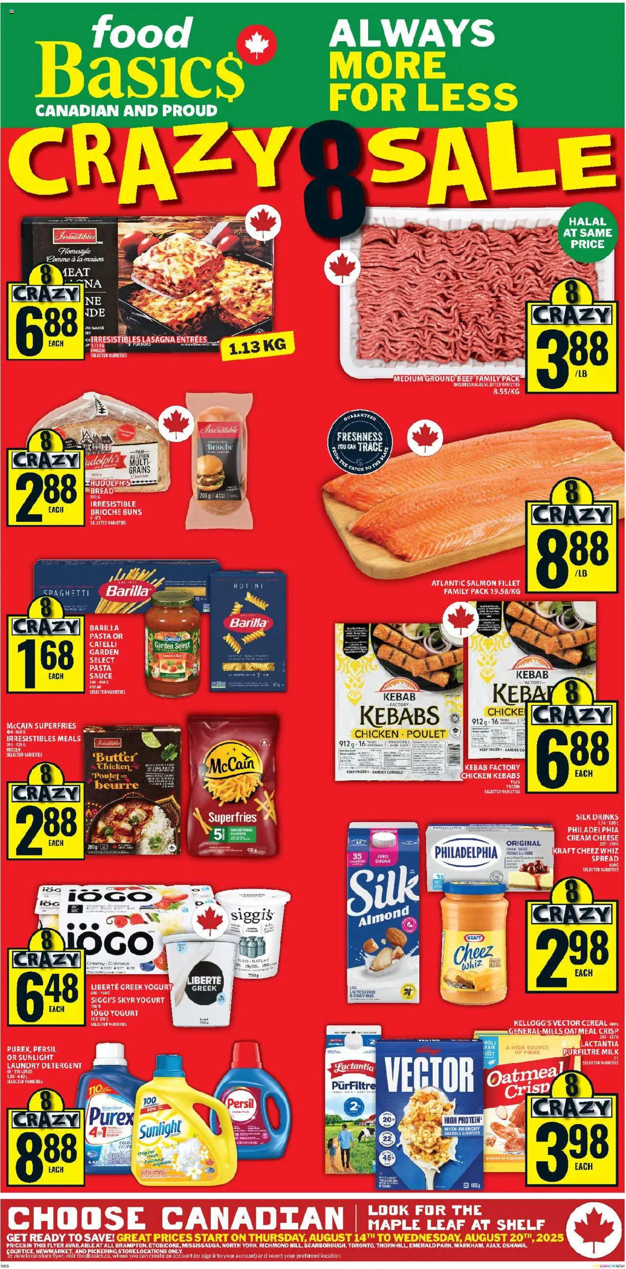 Food Basics flyer valid from Aug 14, 2025 - page number 1 - Food, Drinks, Oatmeal, Skyr, Spread, Barilla pasta, Barilla, Fillet