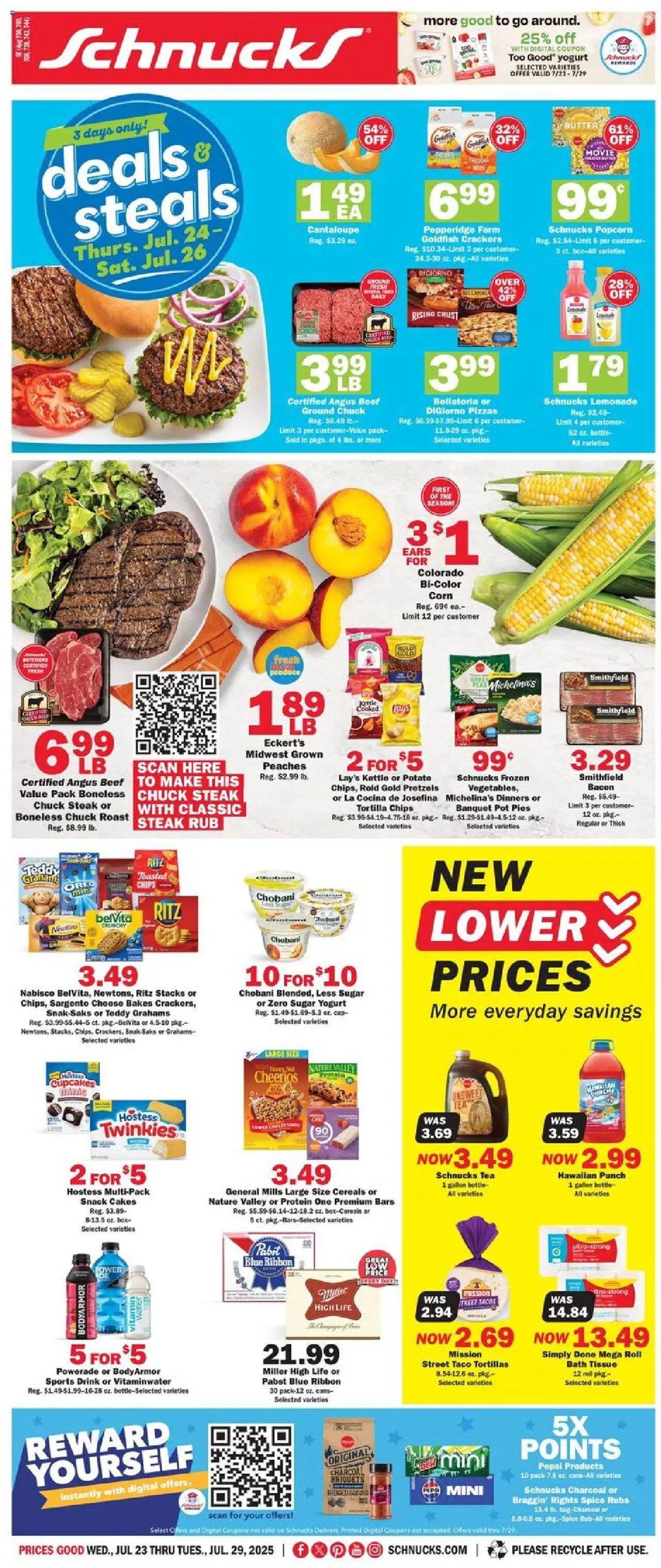 Schnucks Weekly Ad - IN from 07/23/2025 - Flyer - Page number 1 - Box, Popcorn, Yogurt, Bacon, Water, Tortilla chips, Steak, Pepsi