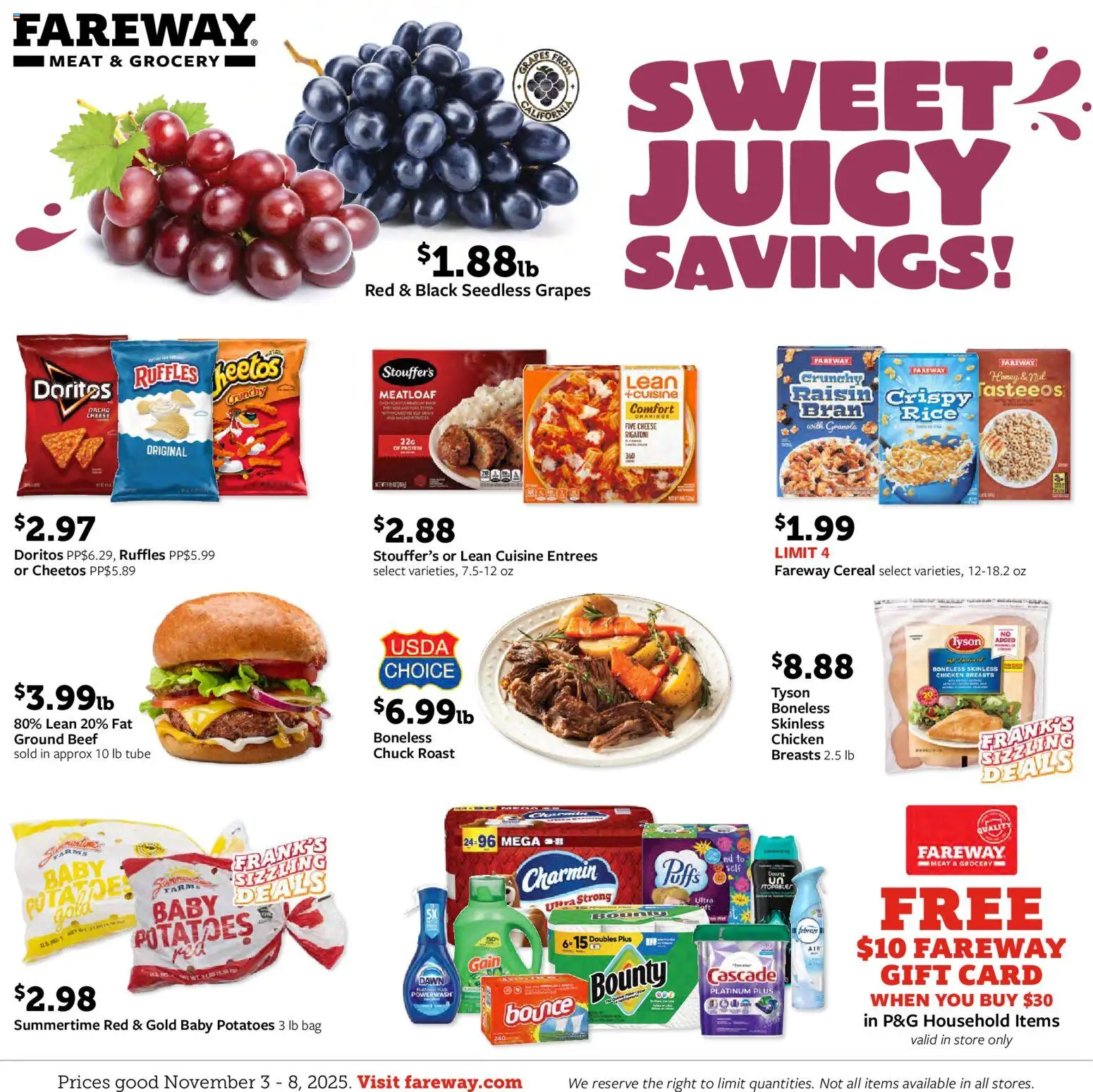 Ad Preview of Fareway Weekly Ad from 11/03/2025 - Honey, Cheese, Protein, Cereal, Rice, Grapes, Bag, Chicken