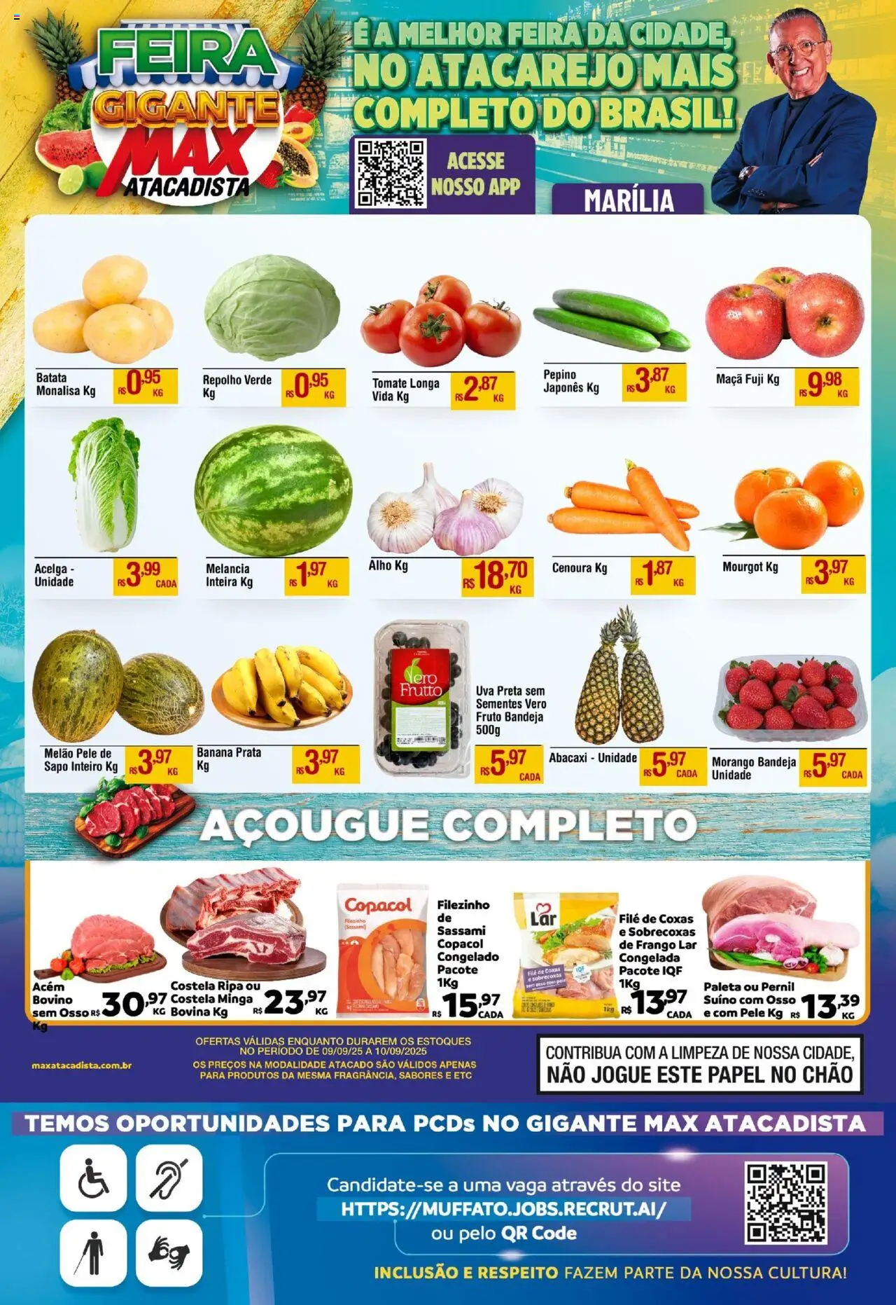 Max Atacadista folheto "Ofertas Feira" válido a partir de 09/09/2025 - número de página 1 - Melancia, Tomate, Cenoura, Repolho, Bandeja, Melão, Alho, Acém