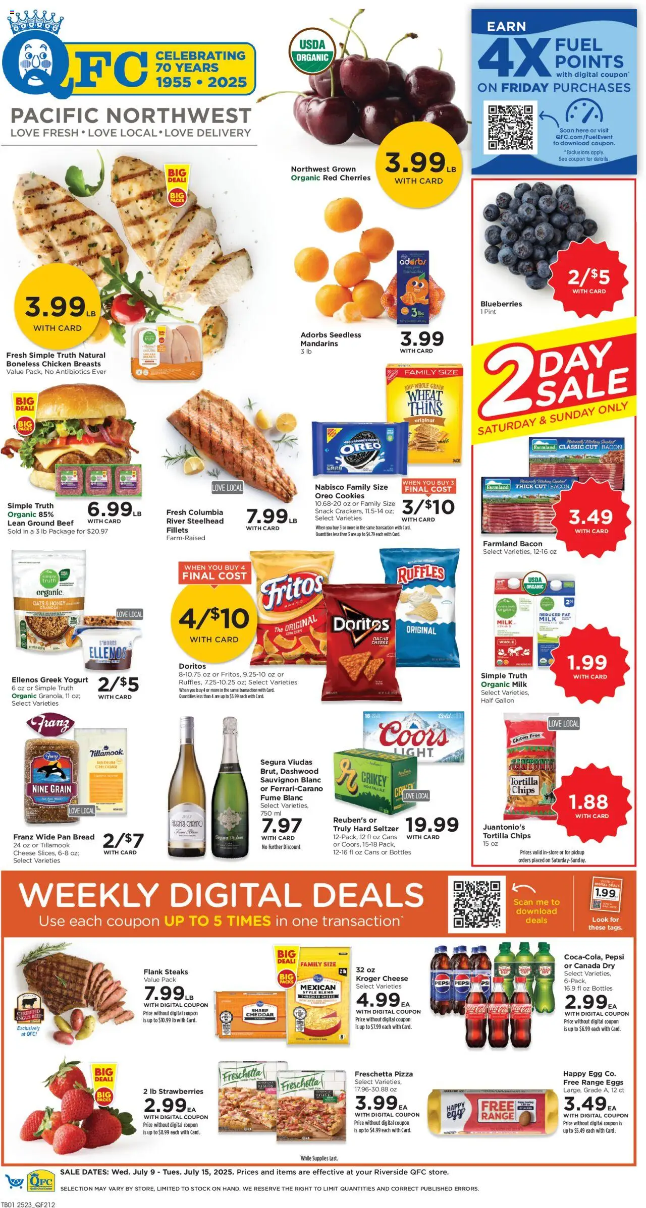 QFC Weekly Ad - WA from 07/09/2025 - Flyer - Page number 1 - Cherries, Pan, Chicken, Honey, Oreo, Cookies, Tortilla chips, Greek yogurt