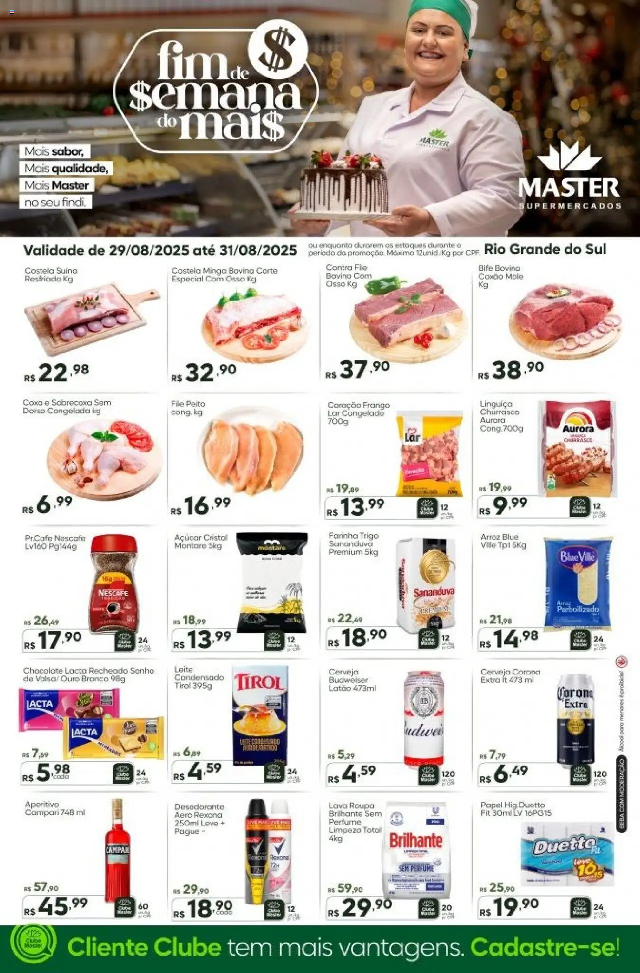 Master folheto "Ofertas Final de Semana" válido a partir de 29/08/2025 - número de página 1 - Cerveja, Campari, Arroz, Frango, Açúcar, Rexona, Cerveja Corona, Contra filé