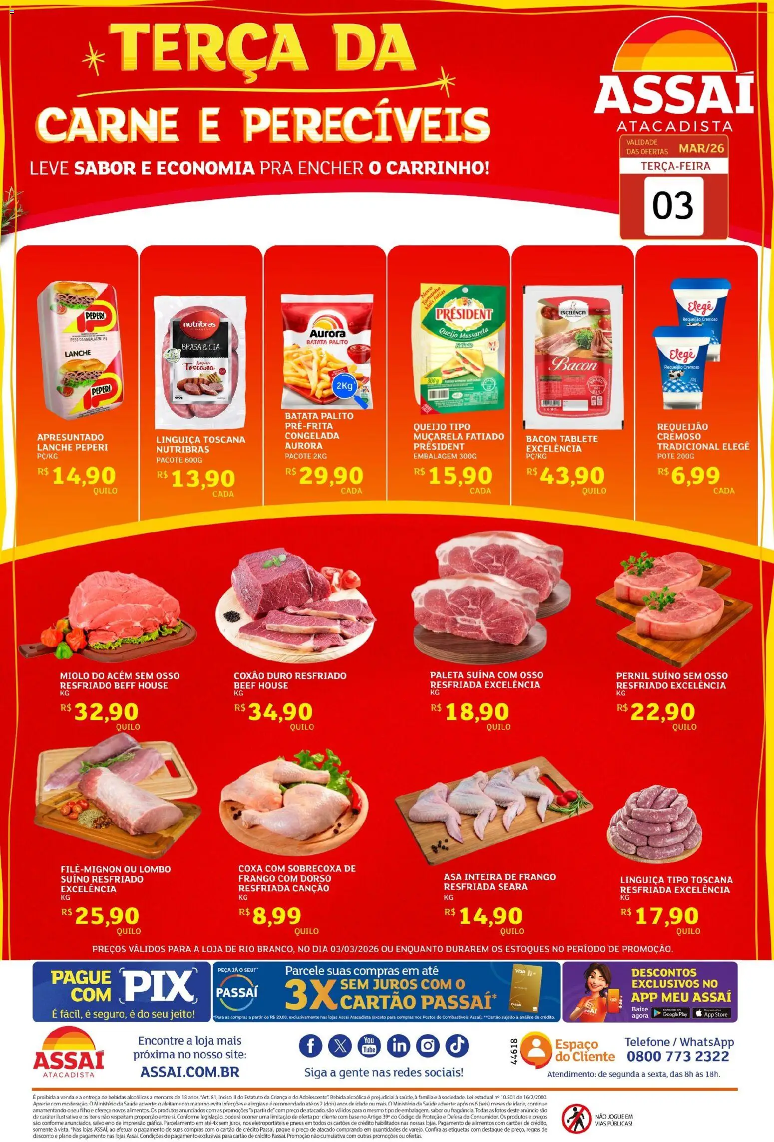 Pré-Visualização do folheto "Assaí Atacadista ofertas - AC" da loja Assaí Atacadista válido a partir de 03/03/2026 - Bebidas, Bebida, Carrinho, Frango, Alimentos, Linguiça, Pernil, Muçarela