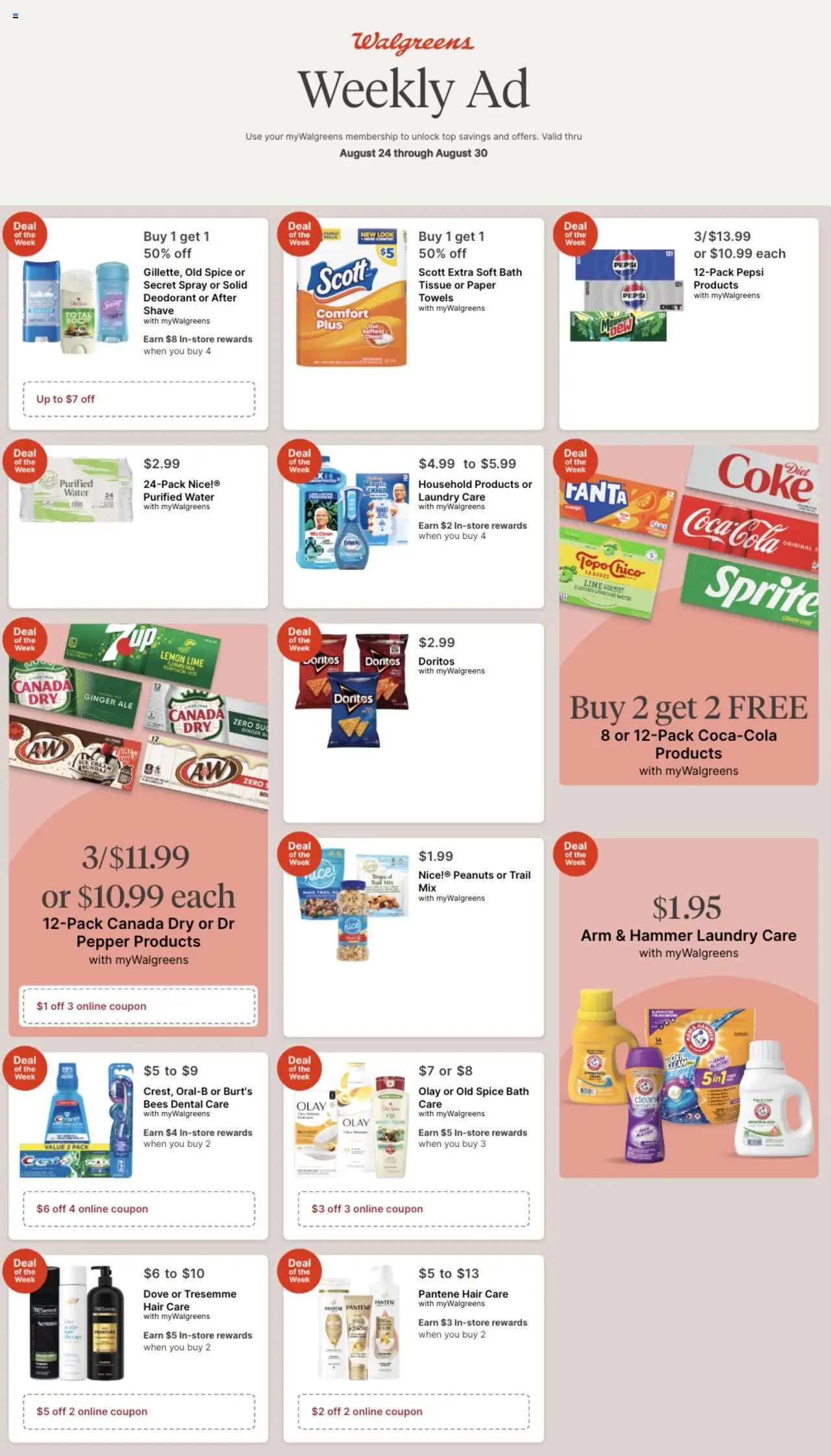 Walgreens Weekly Ad from 08/24/2025 >> Circular, Flyer - Page number 1 - Water, Ice, Ginger, Deodorant, Pepper, Sprite, Bath, Hammer