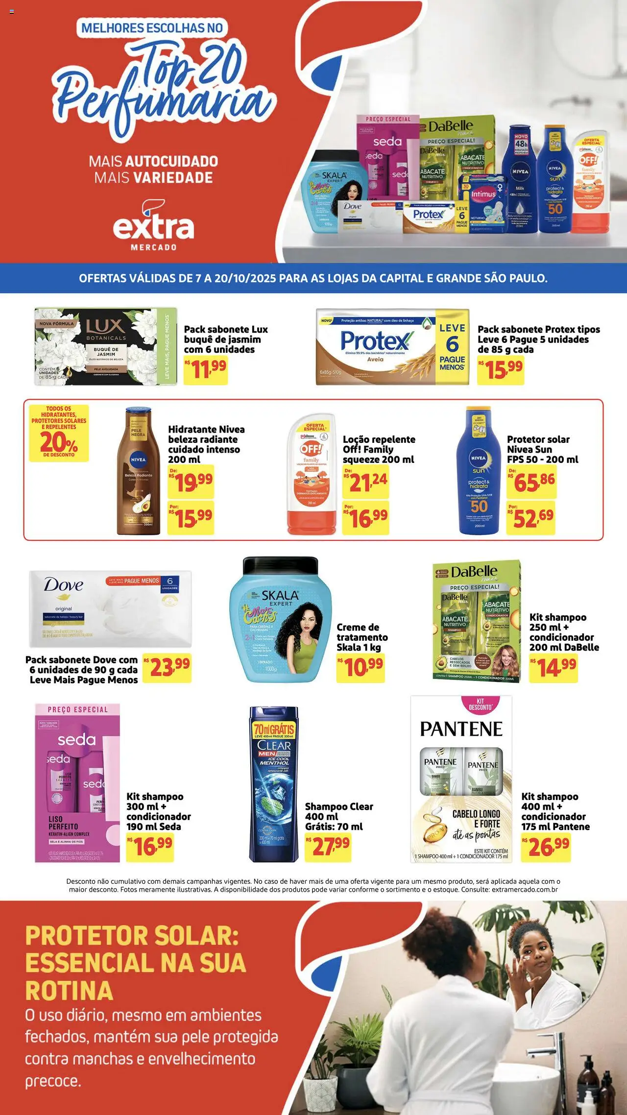 Extra folheto "Ofertas de Mercado Perfumaria" válido a partir de 07/10/2025 - número de página 1 - Protetor solar, Shampoo, Óleo, Sabonete, Abacate, Creme, Repelente, Condicionador