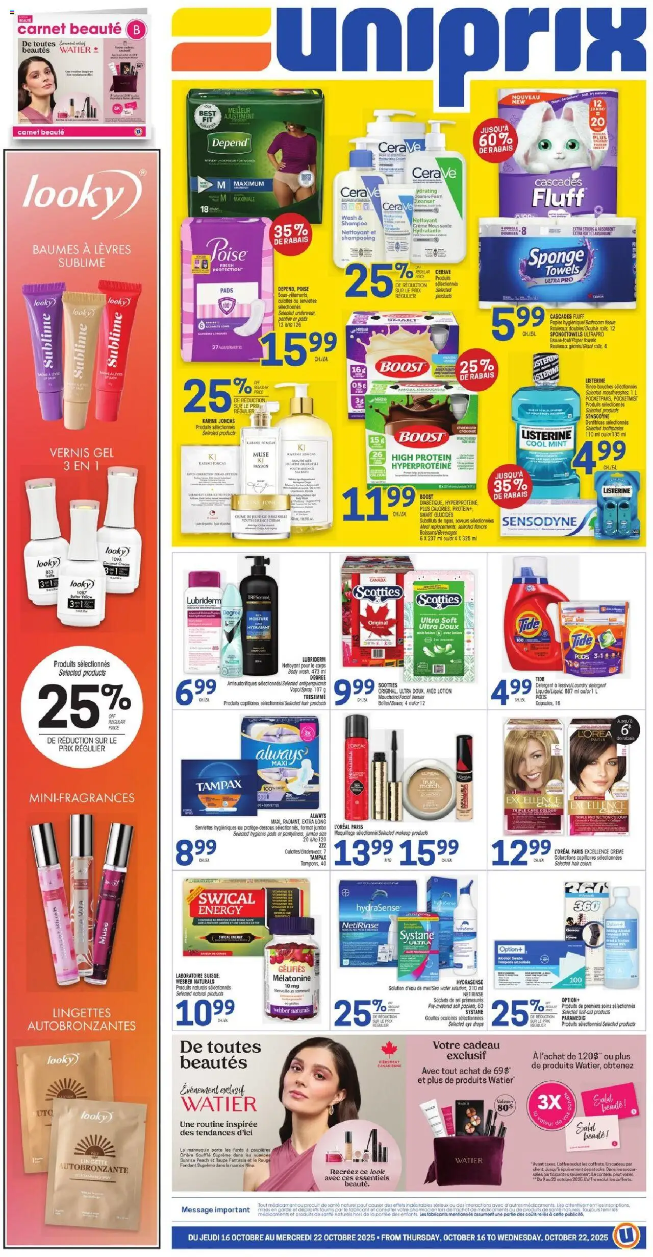 Preview of leaflet Weekly flyer / circulaire from shop Uniprix is valid from Oct 16, 2025 - Water, Protein, Coconut, Shampoo, Paper towels, Towels, Powder, Sponge