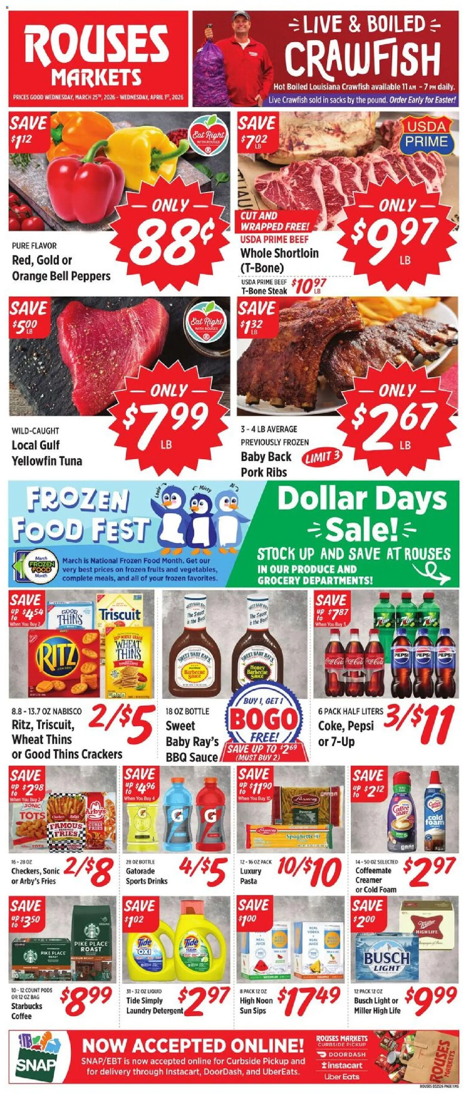 Ad Preview of Rouses Rouses Weekly Ad - MS from 03/25/2026 - Coffee, Fruits, Pepsi, Peppers, Beef, Pork, Sauce, Foam