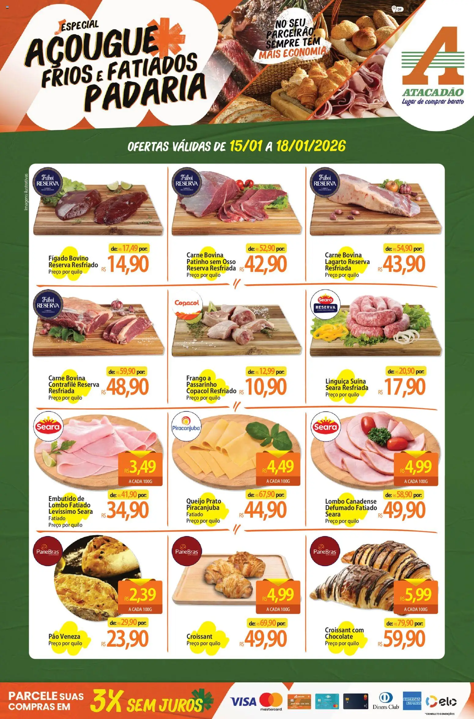 Pré-Visualização do folheto "Ofertas - DF" da loja Atacadão válido a partir de 15/01/2026 - Chocolate, Pão, Croissant, Frango, Fígado, Linguiça, Carne bovina, Lombo