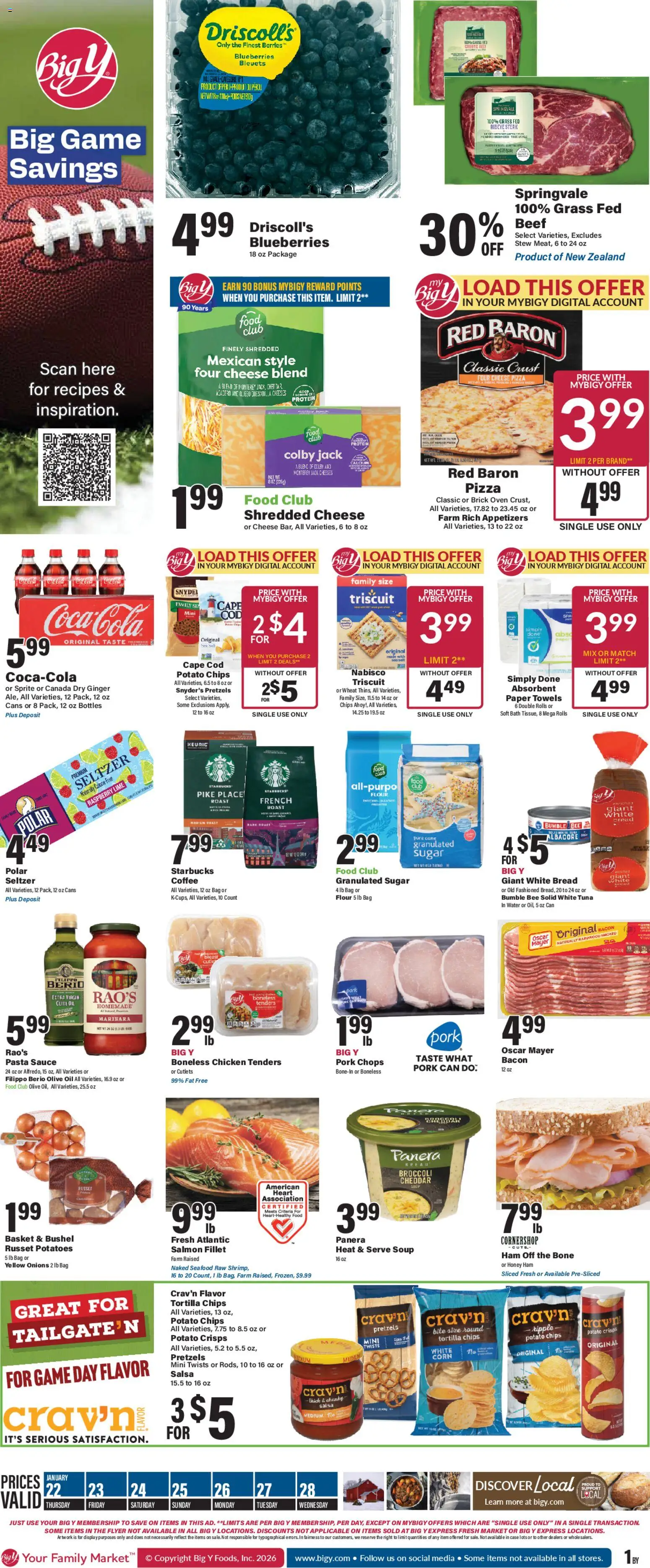 Ad Preview of Big Y Weekly Ad from 01/22/2026 - Pasta, Bread, Potatoes, Oil, Olive oil, Raspberry, Paper towels, Granulated sugar