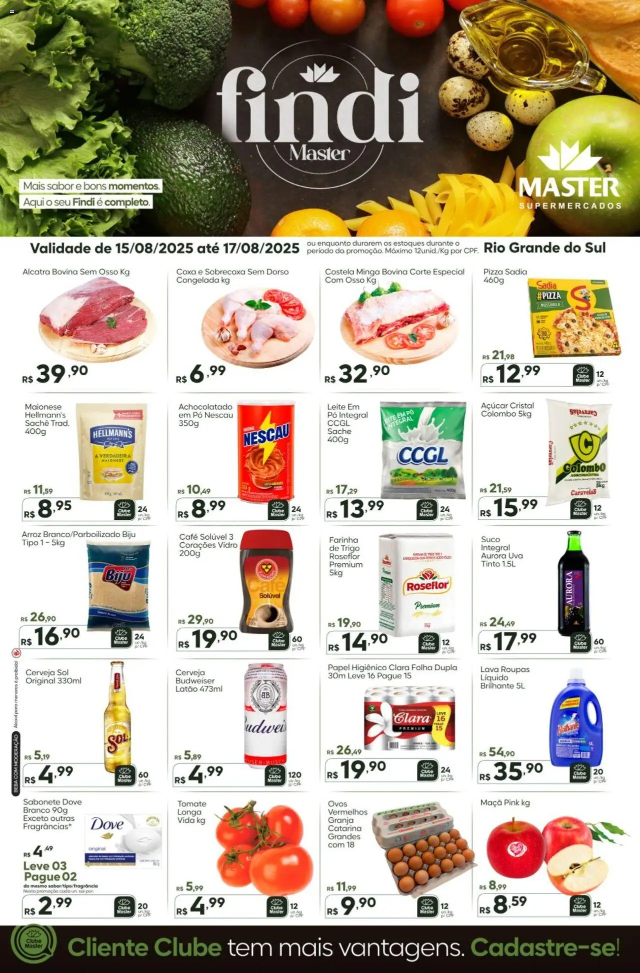 Master folheto "Ofertas da semana" válido a partir de 15/08/2025 - número de página 1 - Arroz, Leite, Mussarela, Tomate, Açúcar, Leite em pó, Alcatra, Farinha