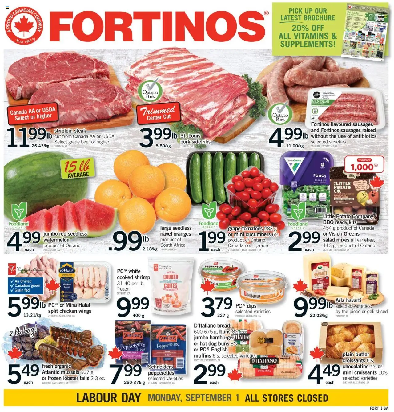 Fortinos flyer valid from Aug 28, 2025 - page number 1 - Chicken, Steak, Salad, Bread, Bag, Muffins, Watermelon, Sausages