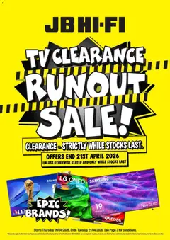 Preview of catalogue JB Hi-Fi TV Clearance Runout Sale from shop JB Hi-Fi valid 9 Apr 2026