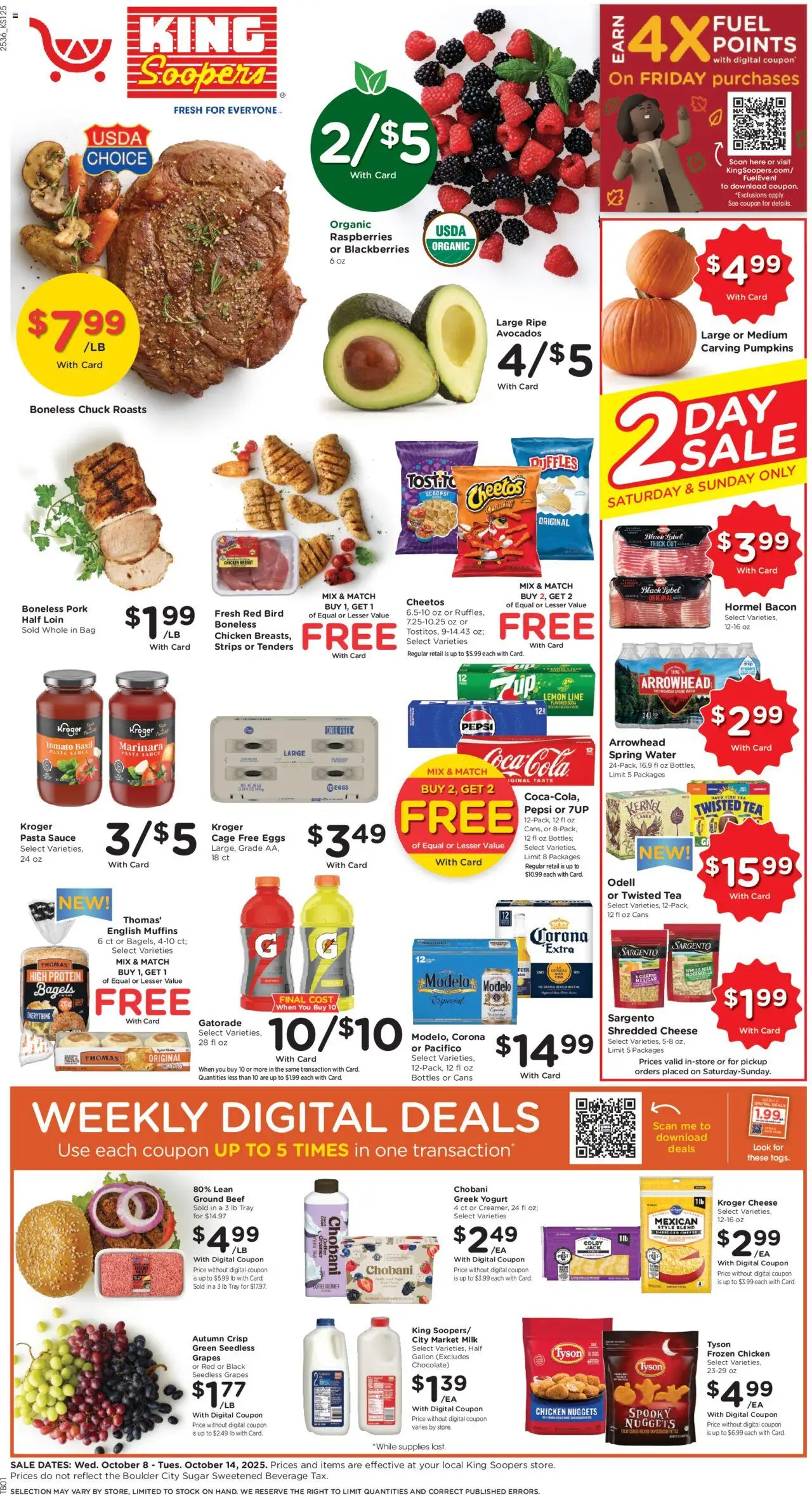 Ad Preview of King Soopers Weekly Ad from 10/08/2025 - Coffee, Pasta, Protein, Bacon, Ground beef, Sauce, Spring water, Whole milk