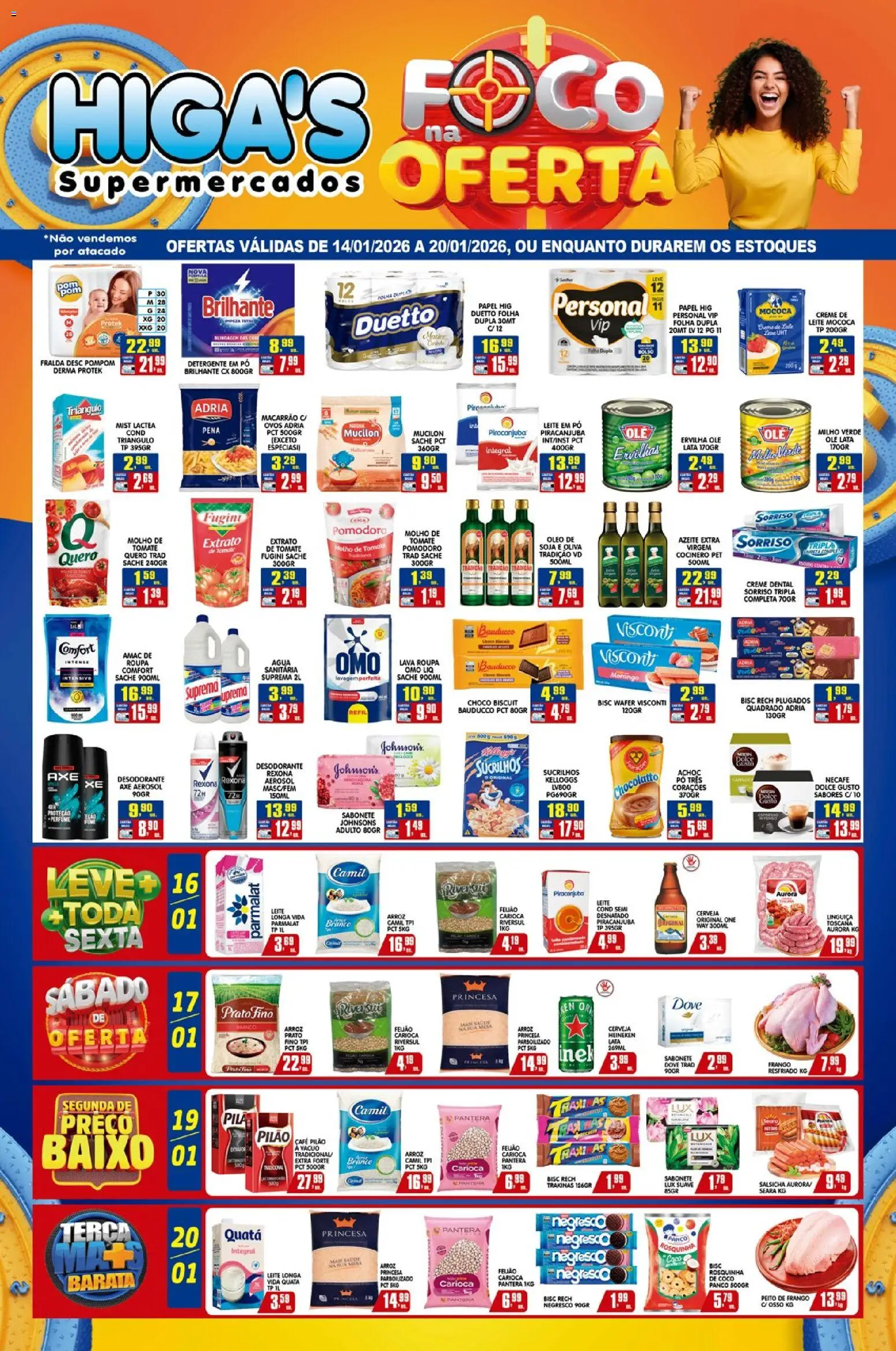 Pré-Visualização do folheto "Ofertas da semana" da loja Higa's Supermercado válido a partir de 14/01/2026 - Perfume, Cerveja, Macarrão, Ovos, Óleo, Sabonete, Tomate, Linguiça
