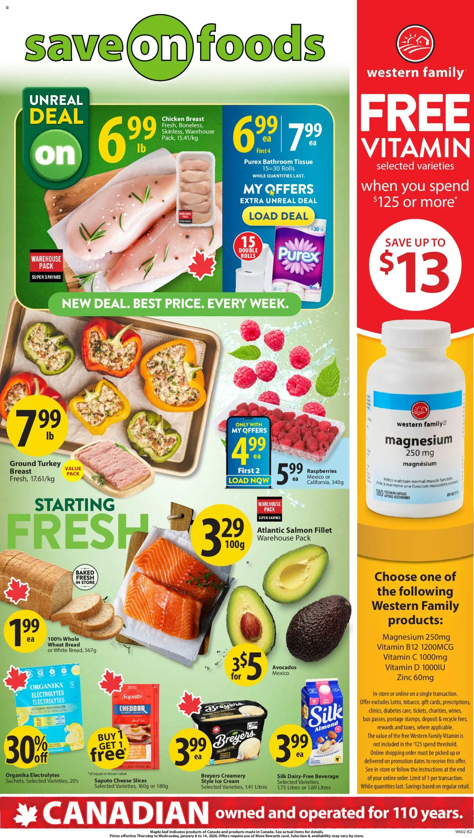 Preview of leaflet Weekly Flyer - AB from shop Save on foods is valid from Jan 08, 2026 - Chicken, Ice, Salmon, Raspberries, Chicken breast, Cheddar, Salmon fillet, Fillet