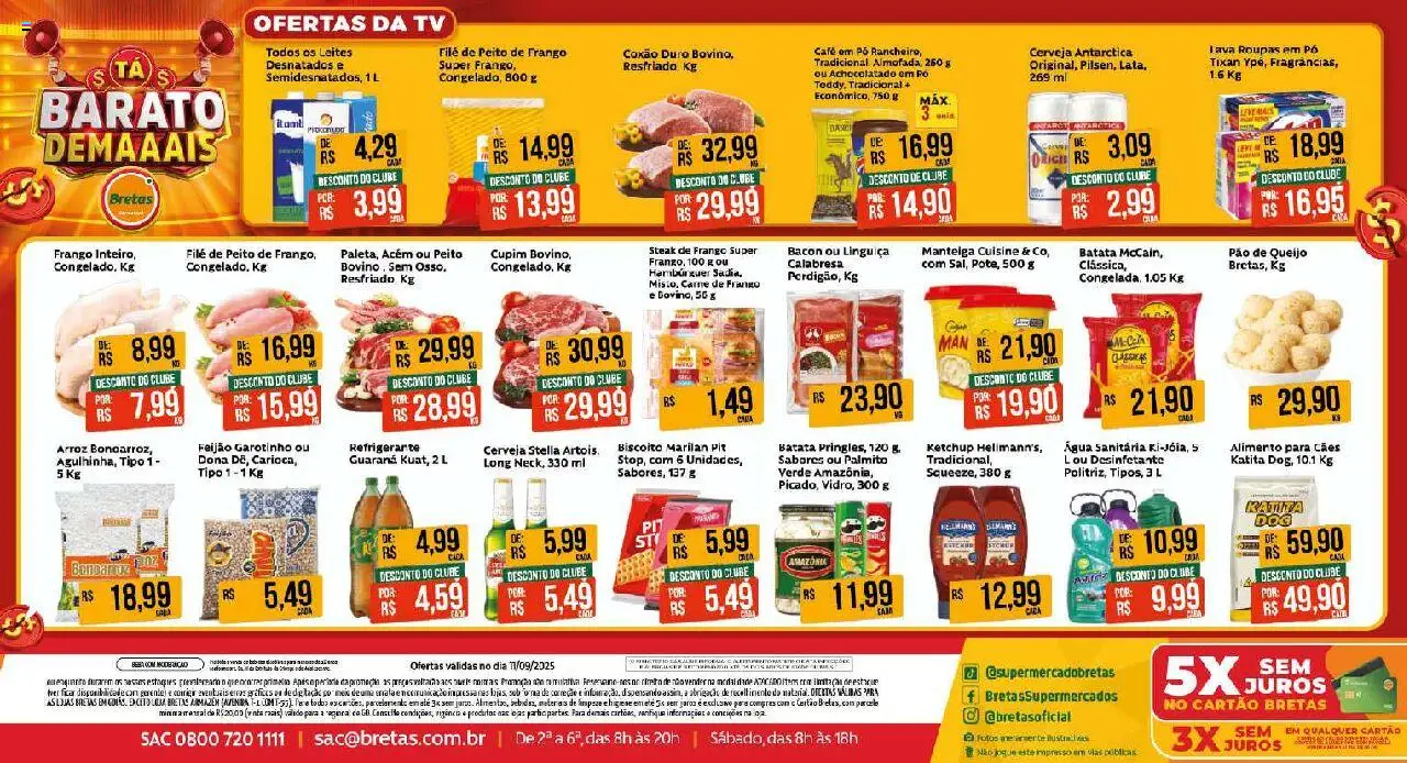 Bretas folheto "Ofertas do Dia" válido a partir de 11/09/2025 - número de página 1 - Água, Feijão, Desinfetante, Refrigerante, Peito de frango, Linguiça, Steak, Coxão duro