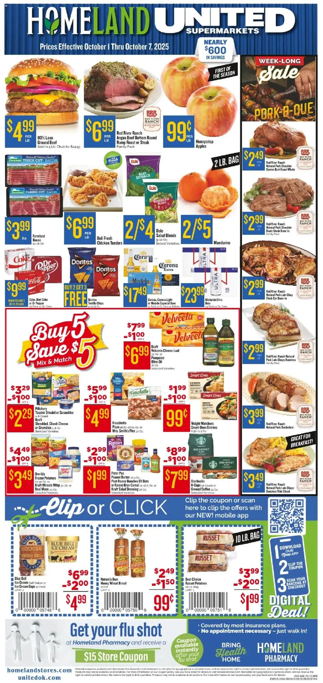 Homeland Weekly Ad from 10/01/2025 - Flyer - Page number 1 - Potatoes, Butter, Oil, Toaster, Mandarins, Pork tenderloin, Pork loin, Ground coffee