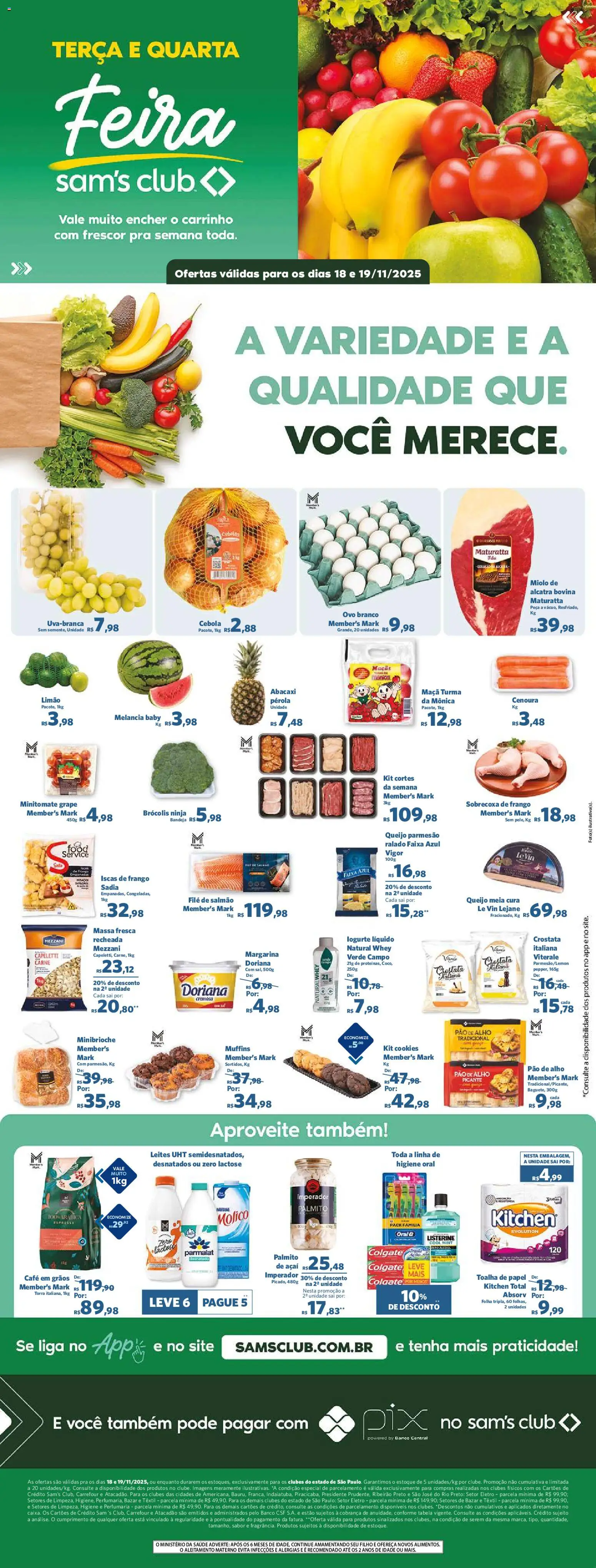 Pré-Visualização do folheto "Ofertas Feira" da loja Sam's Club válido a partir de 18/11/2025 - Banco, Cookies, Brócolis, Pao de alho, Cebola, Alcatra, Listerine, Muffins