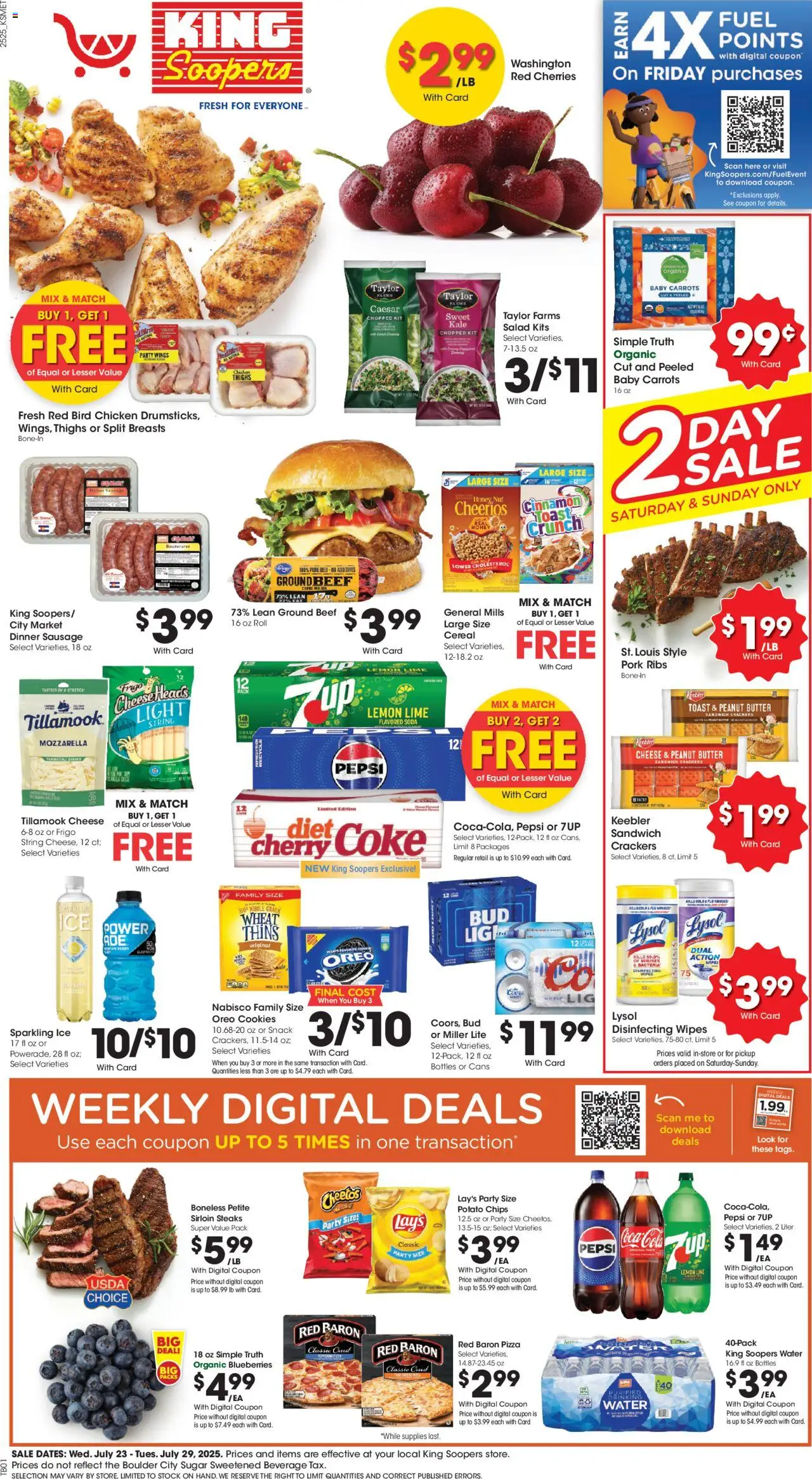 King Soopers Weekly Ad - CO from 07/23/2025 - Flyer - Page number 1 - Ice, Chips, Cherries, Pepsi, Oreo, Lime, Peanut butter, Pork ribs