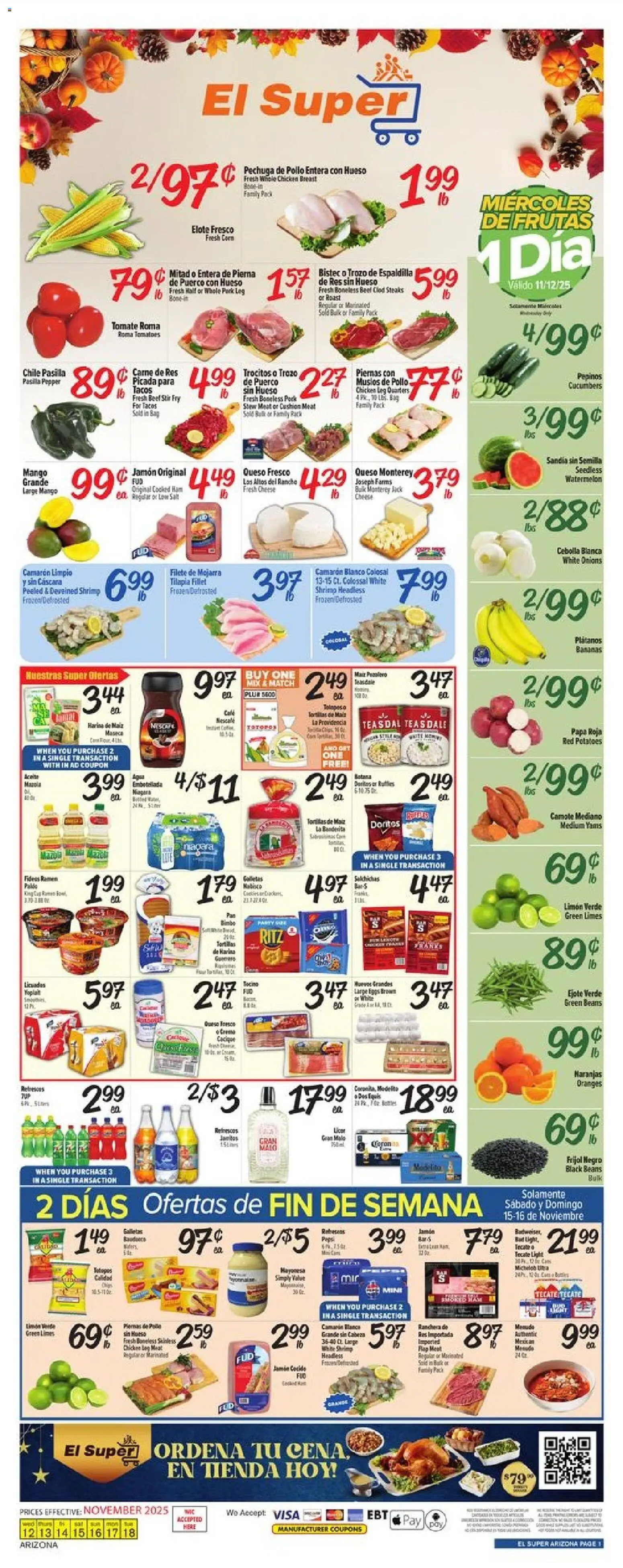 Ad Preview of El Super Weekly Ad - AK from 11/12/2025 - Oranges, Bananas, Cheese, Tomatoes, Meat, Cushion, Whole chicken, Chicken