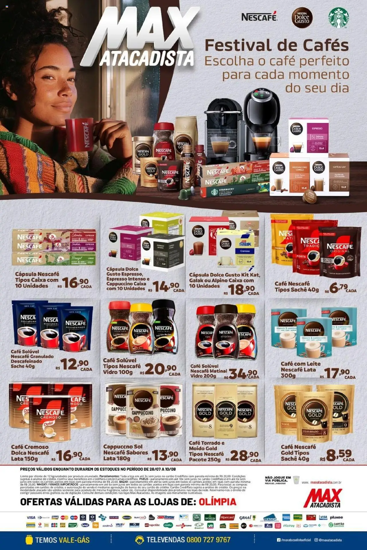 Max Atacadista folheto "Ofertas Festival de Cafés" válido a partir de 28/07/2025 - número de página 1 - Banco, Whisky, Cappuccino, Caixa, Leite, Pneus, Granulado, Café solúvel