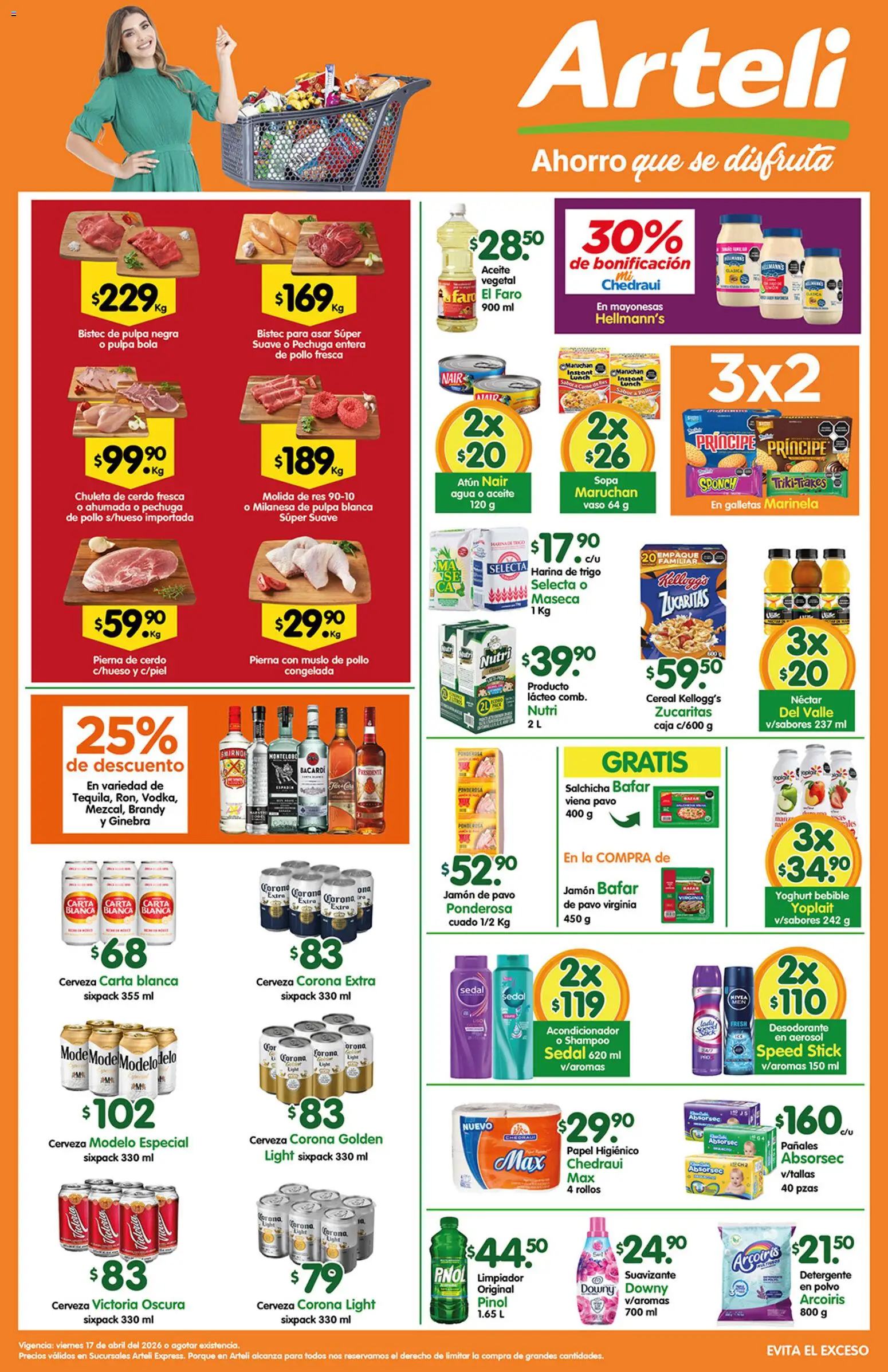 Vista previa las ofertas de la tienda Arteli - Arteli folleto Express desde el 17/04/2026 - Cerveza Corona, Bistec, Pañales, Detergente, Brandy, Salchicha, Acondicionador, Chuleta