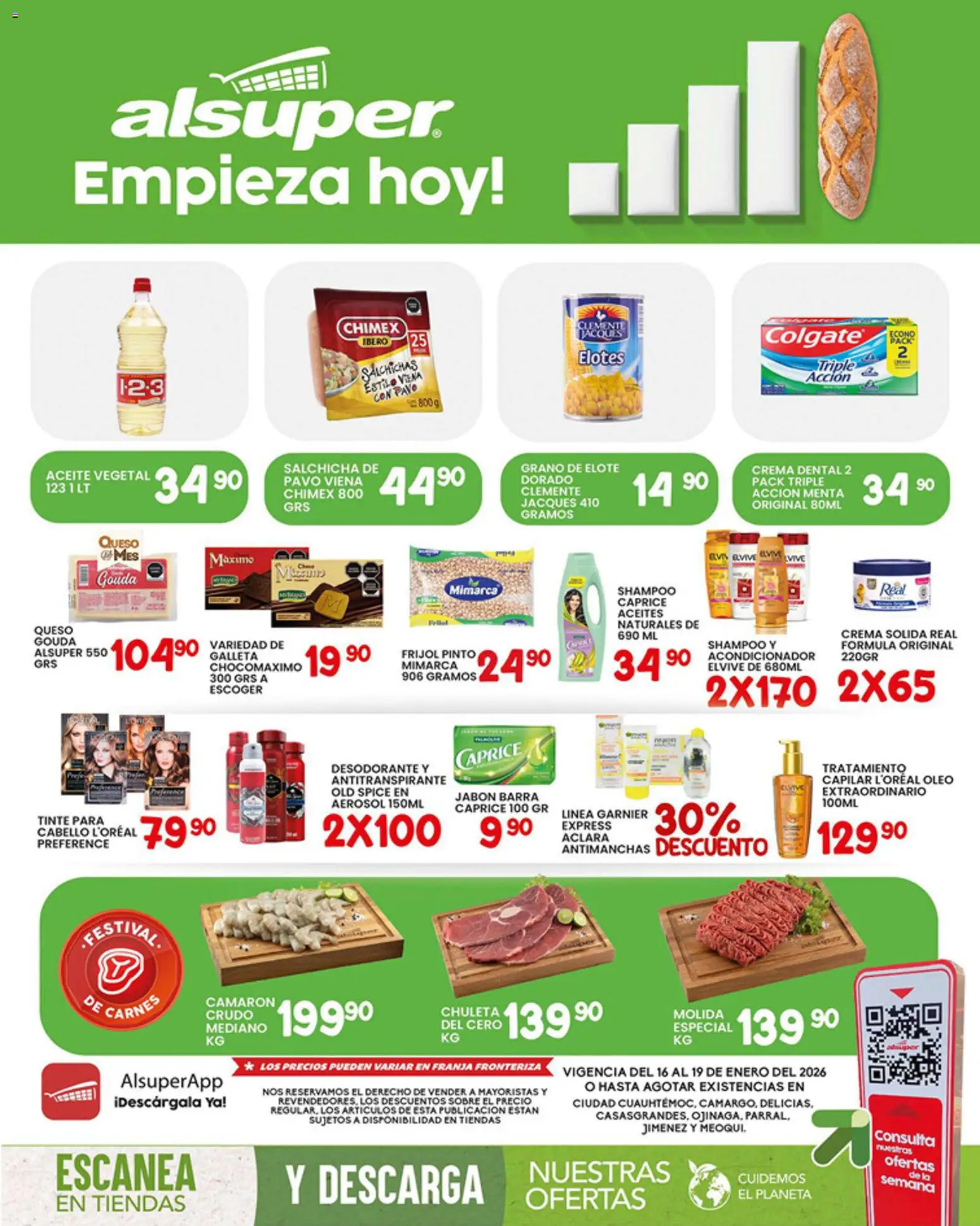 Vista previa las ofertas de la tienda Alsuper - Folleto Chihuauha Estado desde el 16/01/2026 - Shampoo, Queso, Crema, Sobre, Aceite vegetal, Barra, Chuleta, Salchichas