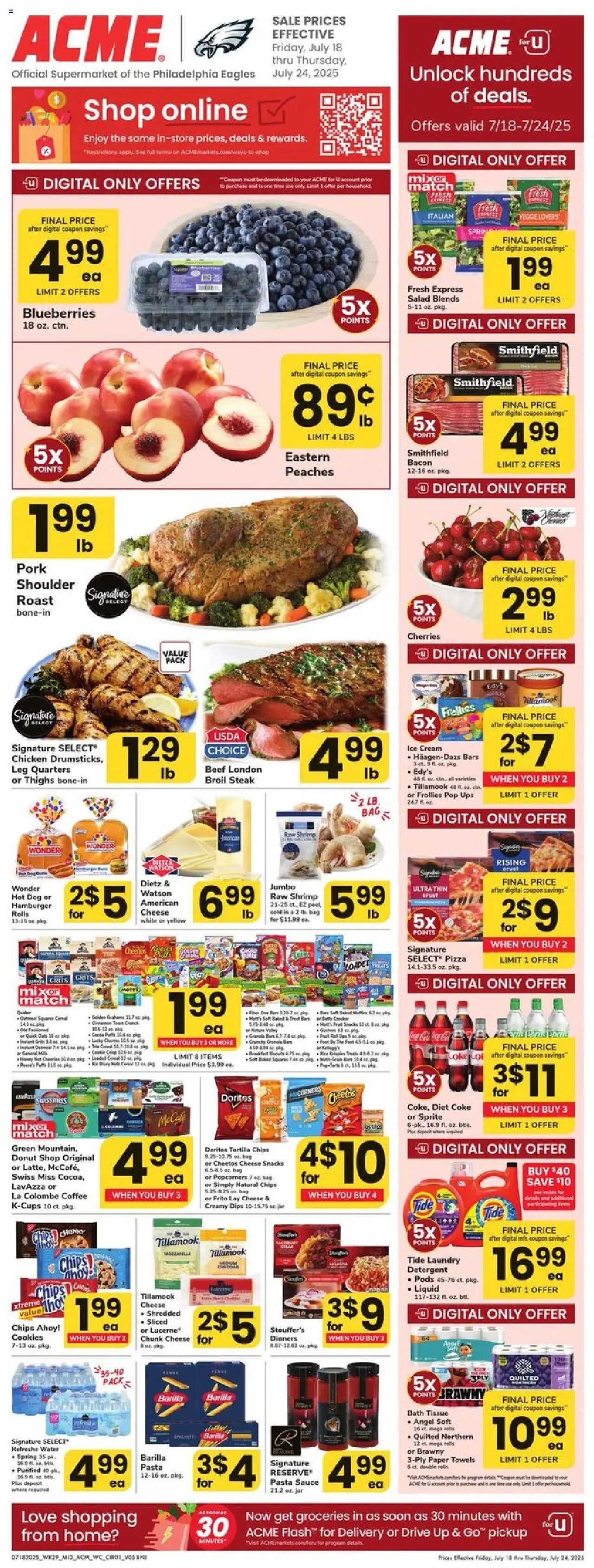 Acme Weekly Ad - NJ from 07/18/2025 - Circular, Flyer - Page number 1 - Groceries, Coffee, Detergent, Bacon, Cookies, Barilla, Bag, Sprite