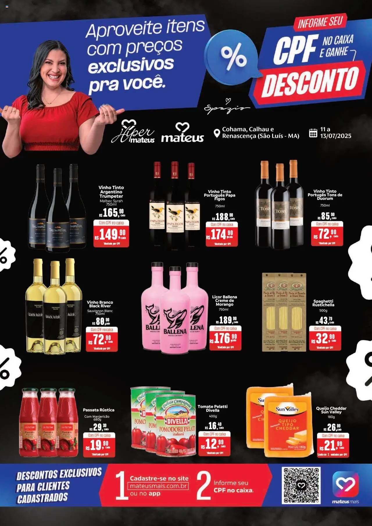 Mateus folheto "Ofertas CPF Desconto" válido a partir de 11/07/2025 - número de página 1 - Tomate, Caixa, Queijo, Vinho tinto, Pasta, Cheddar, Creme, Vinho branco